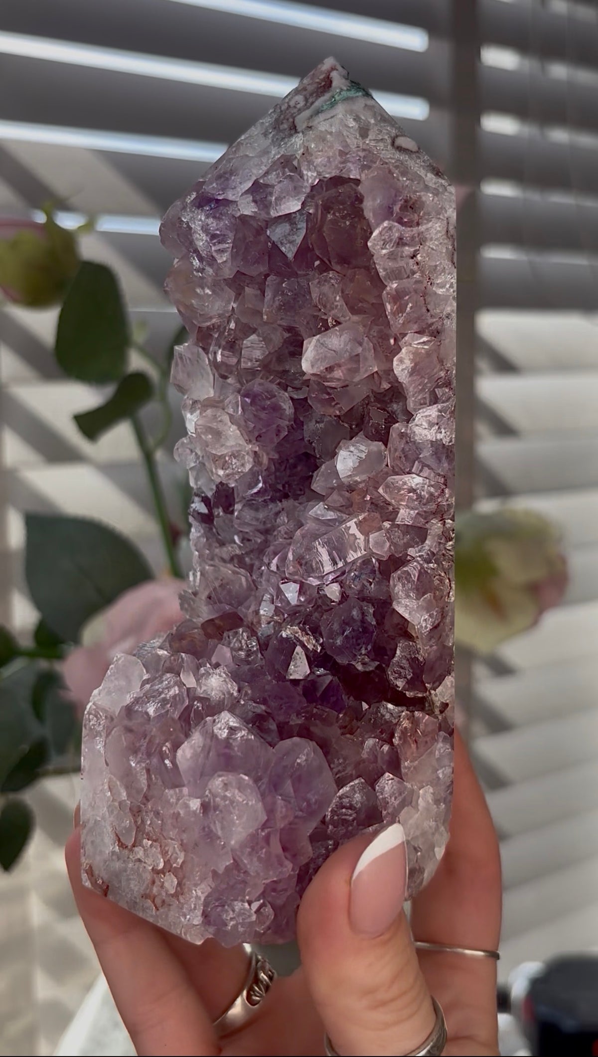 Beautiful, Pink amethyst tower with purple quartz teeth 17cm(h) by 7cm(w)