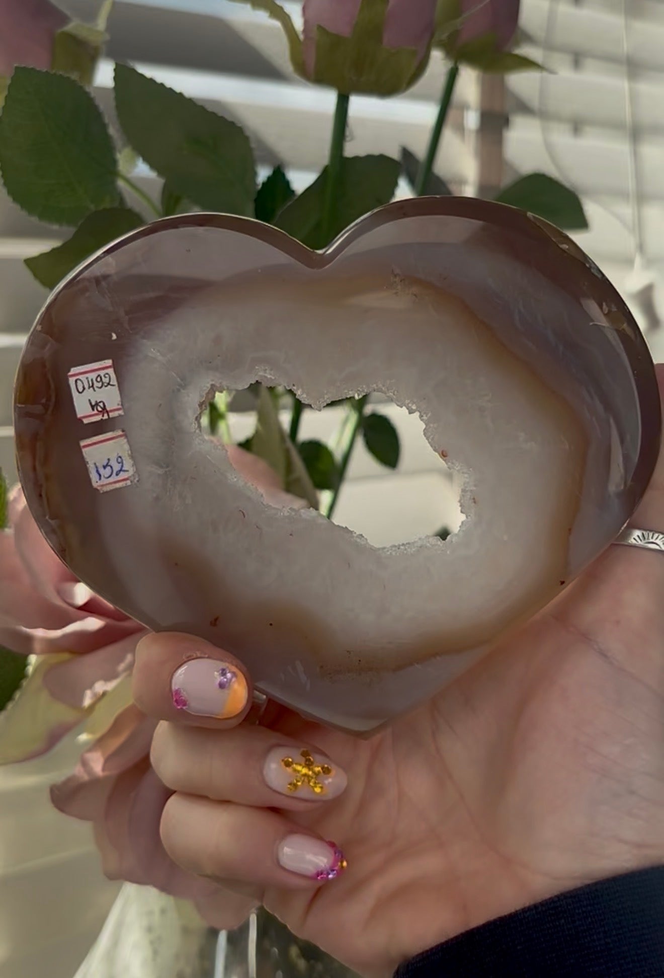 Beautiful, high quality, agate heart   with druzy - stand included