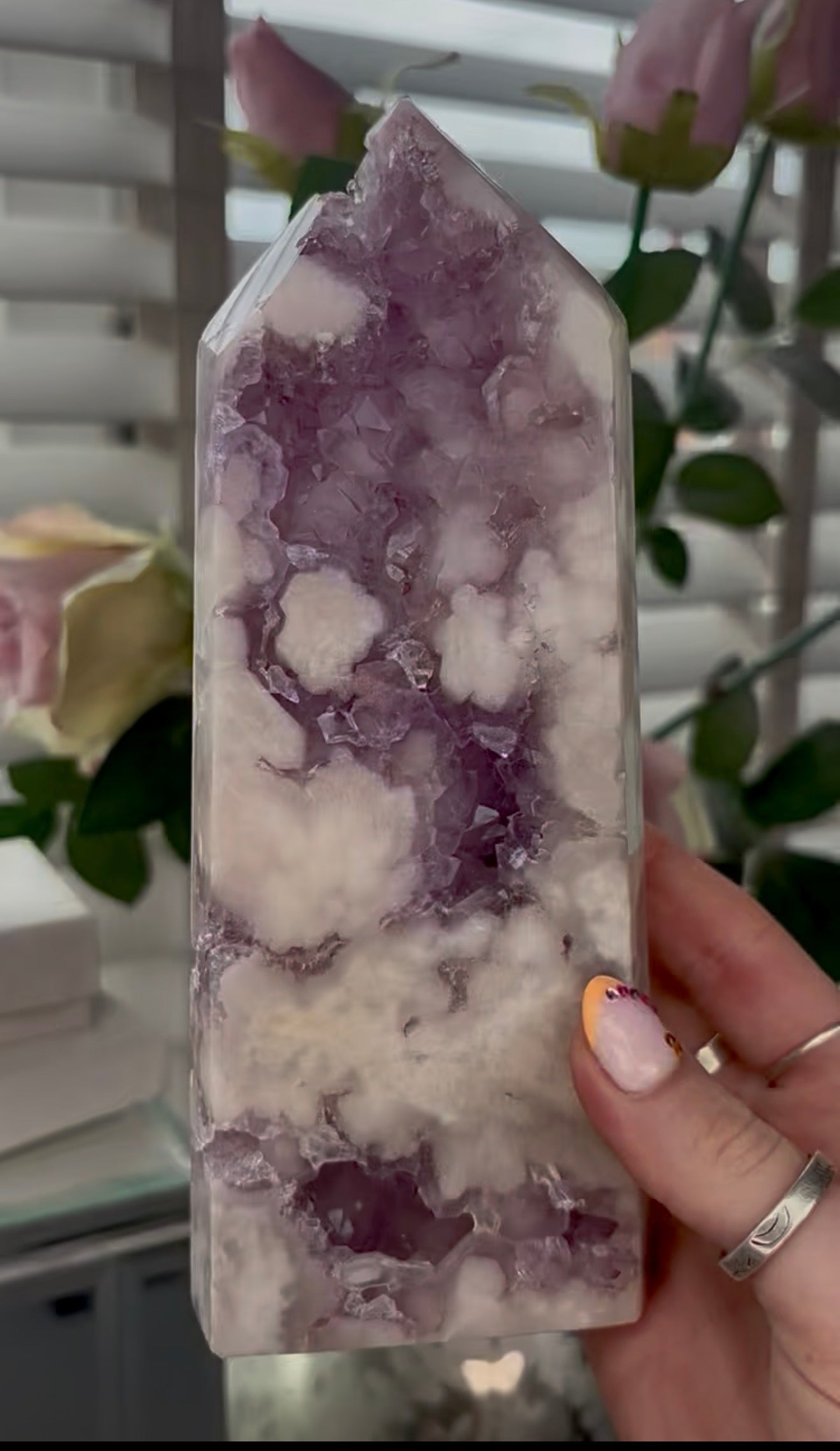 Huge, High quality, Pink amethyst tower, with purple quartz druzy