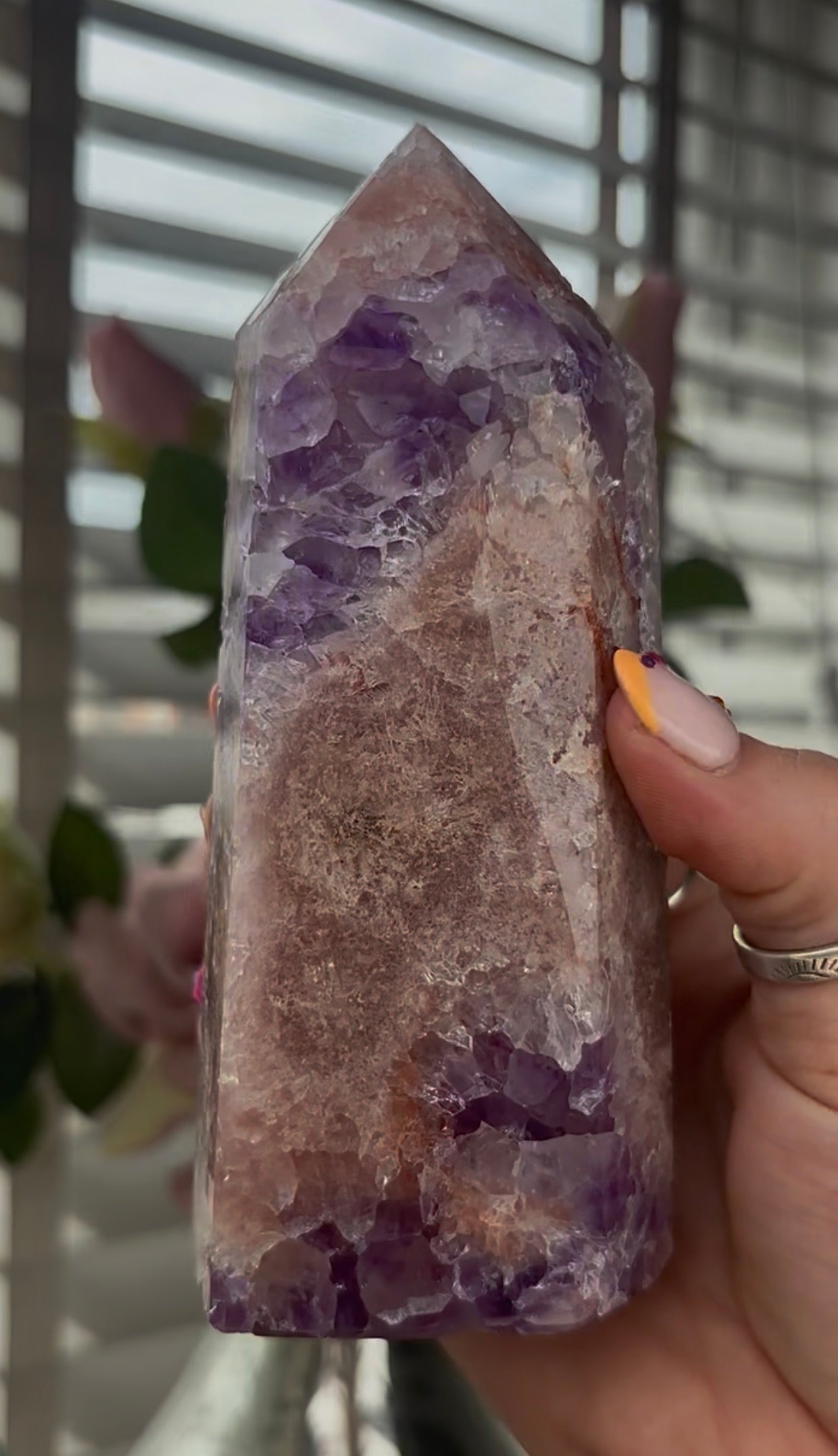 Beautiful, large, high quality, Pink amethyst tower with purple quartz