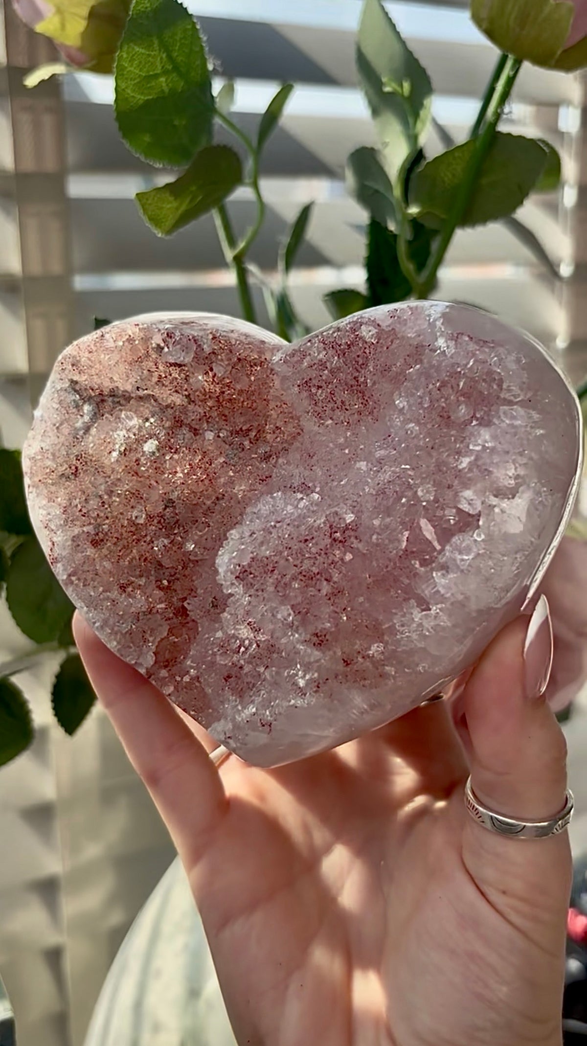 Gorgeous, pink amethyst heart- comes with stand