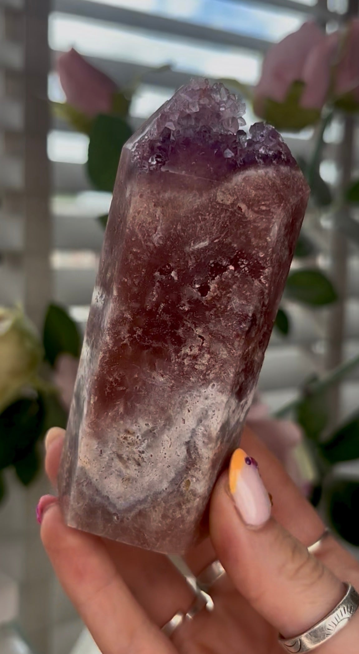 Pink amethyst tower with druzy