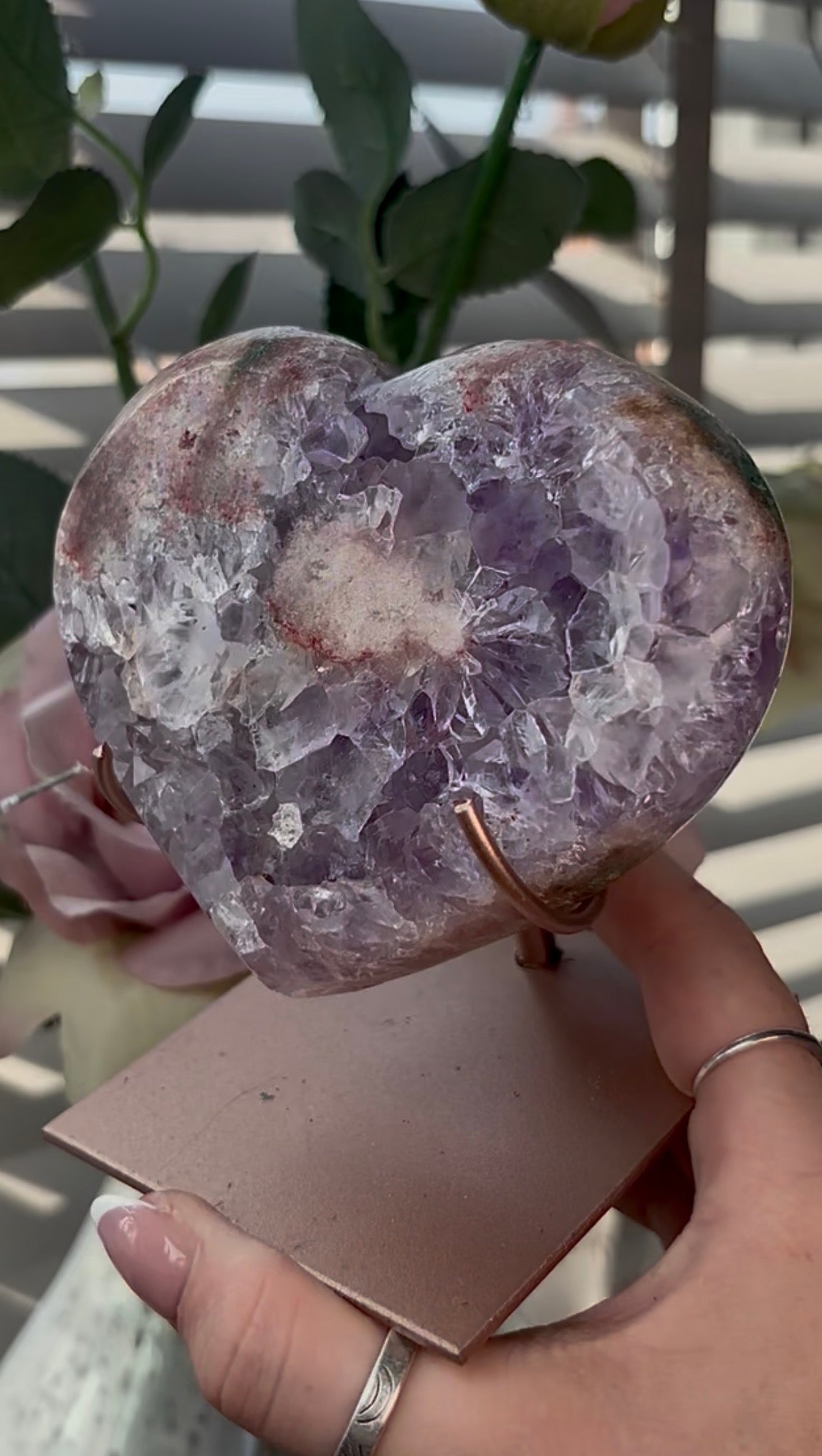 Gorgeous, high quality, pink amethyst heart with Jasper - comes with stand (