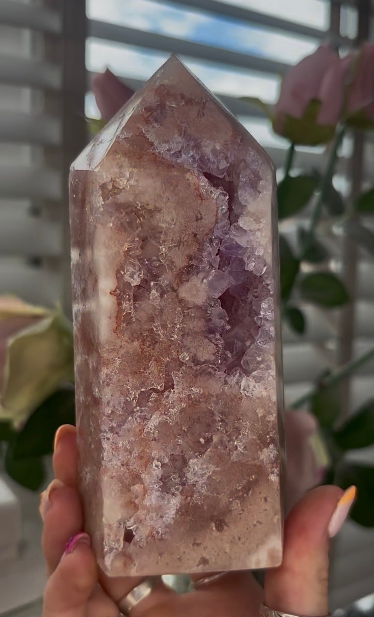 Beautiful Large, Pink amethyst tower with quartz druzy