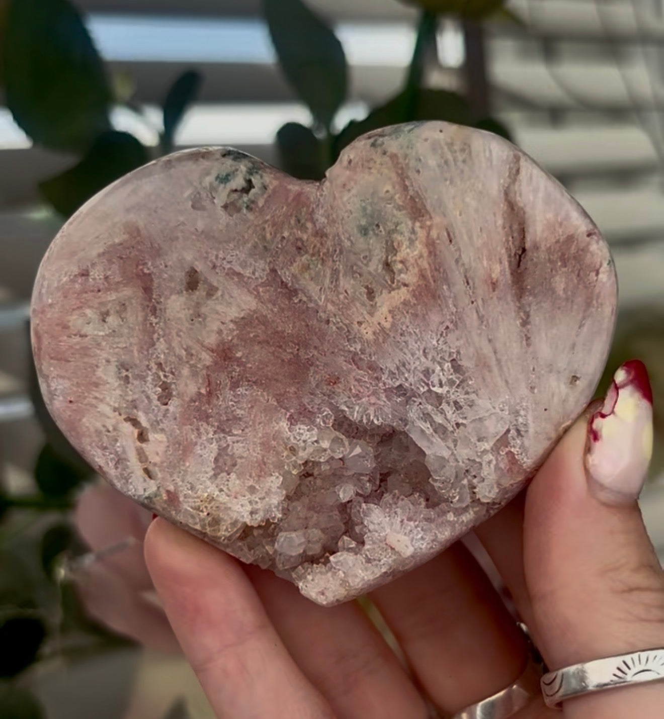 pink amethyst heart with rutile - comes with stand