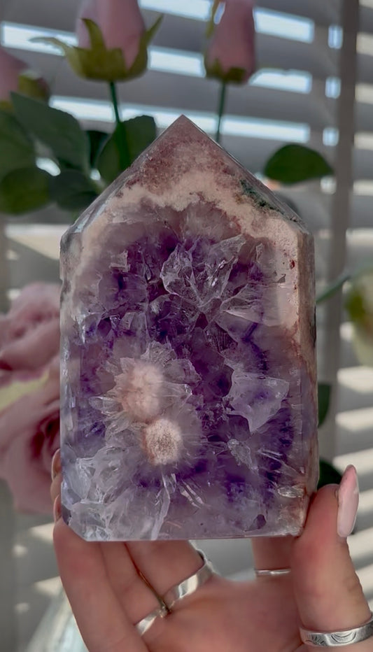 Beautiful, high quality, Pink amethyst tower with purple quartz 12cm by 7.5cm