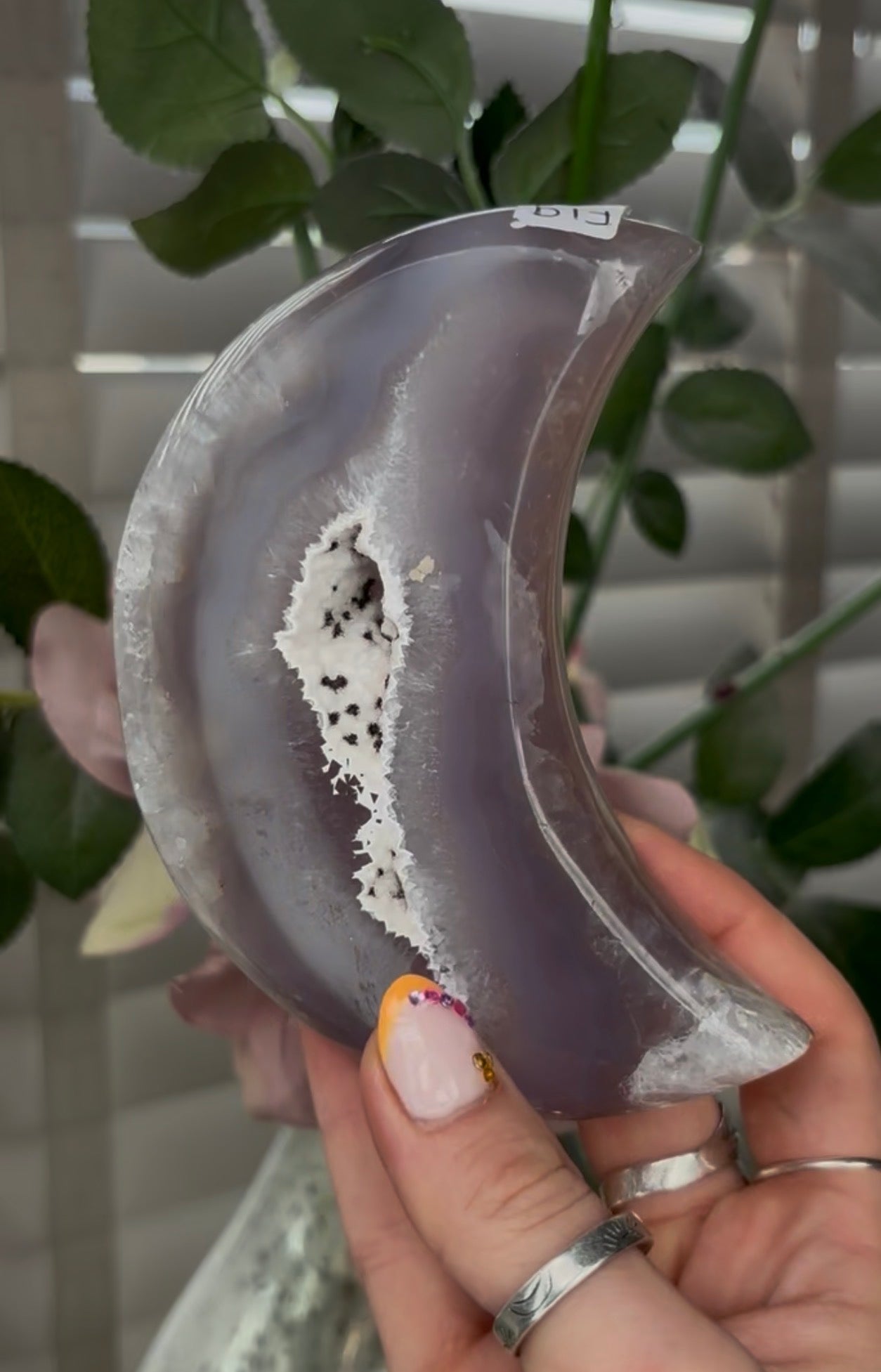 Beautiful, high grade, agate moon with druzy - comes with stand