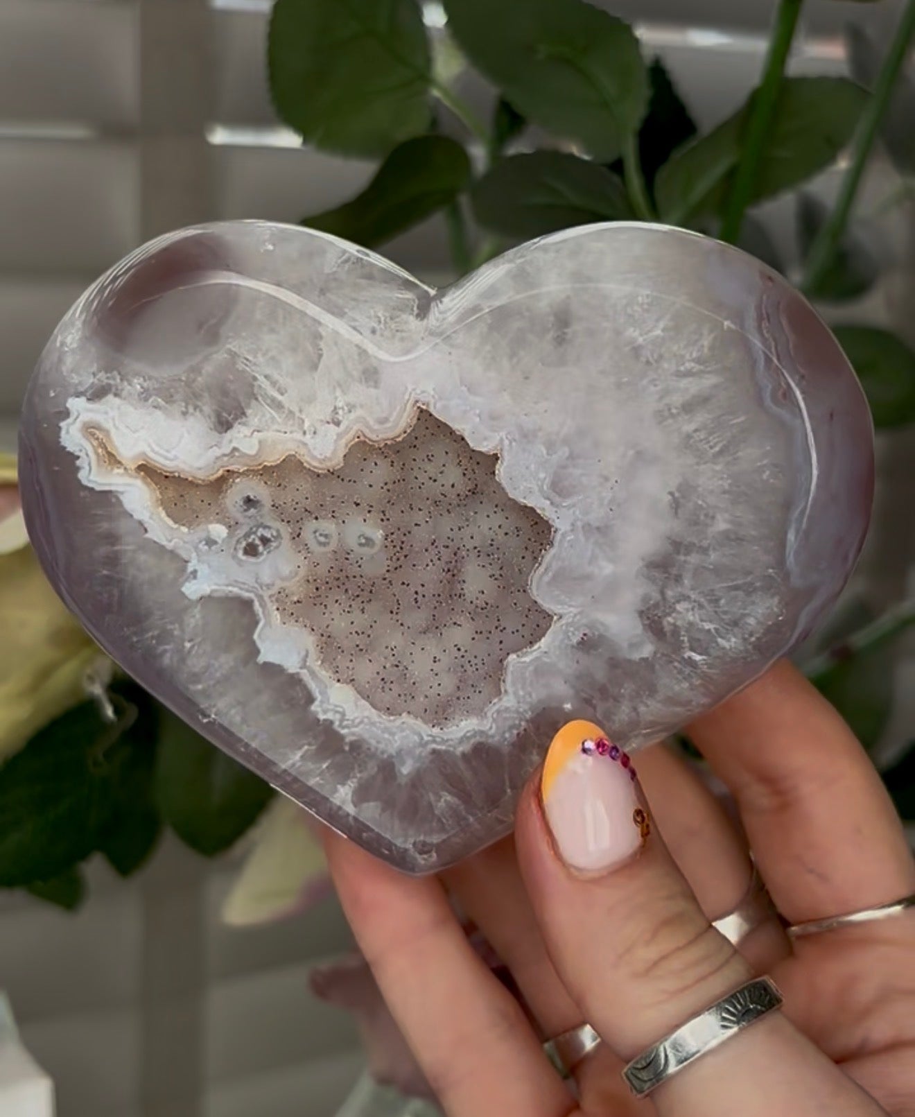 Beautiful, high grade, agate heart with druzy - comes with stand