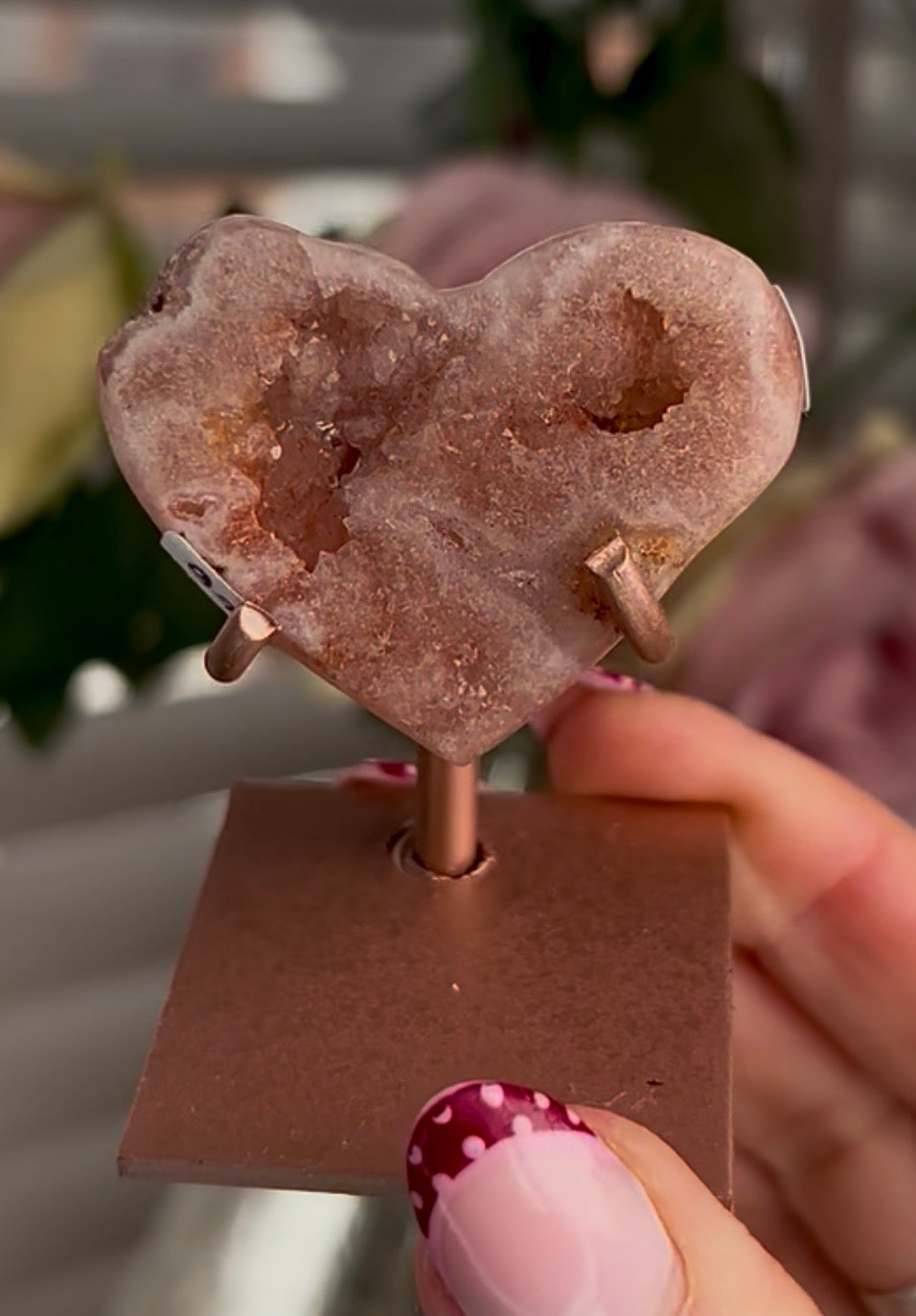 Mini pink amethyst heart - comes with stand