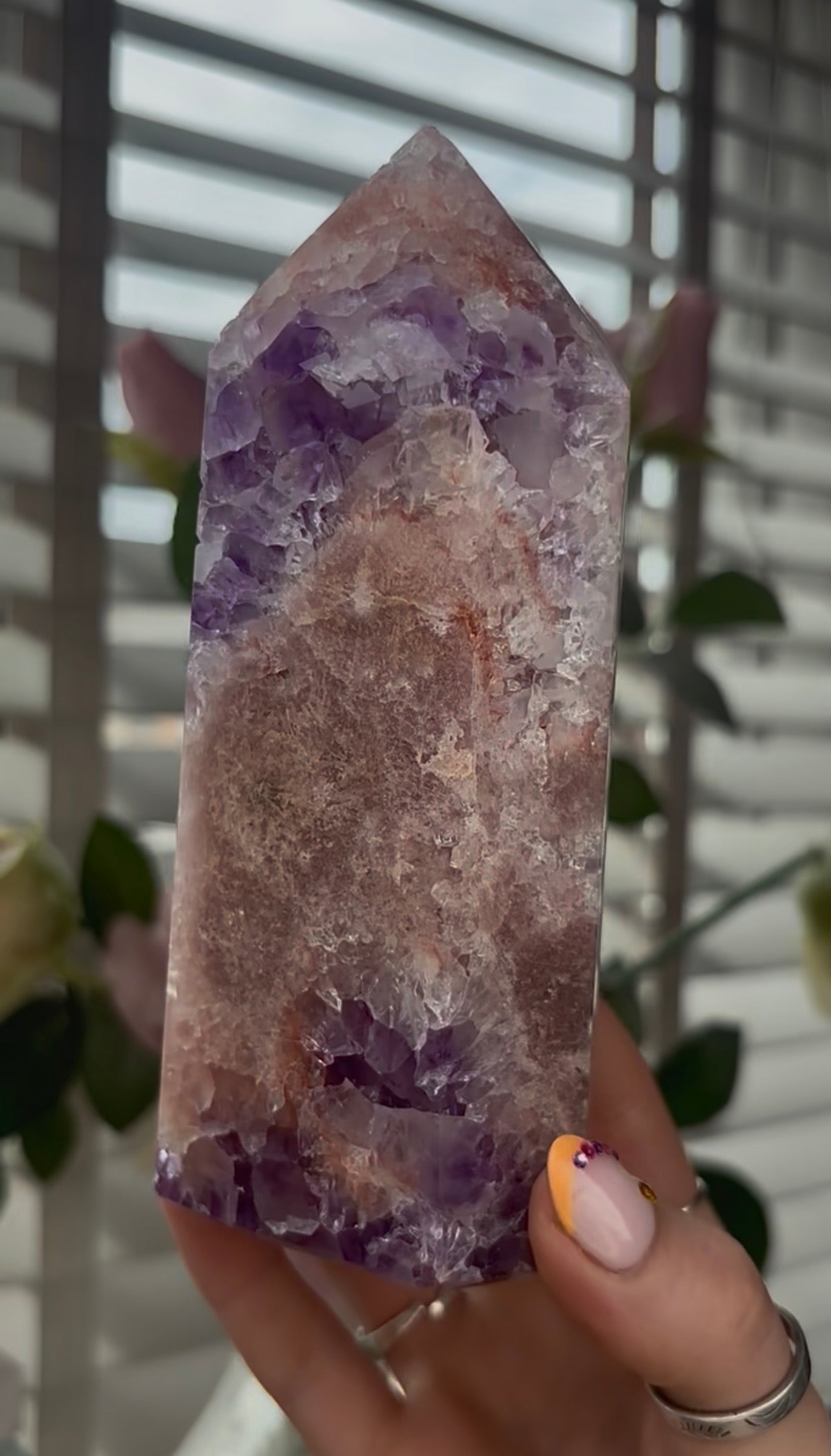 Beautiful, large, high quality, Pink amethyst tower with purple quartz