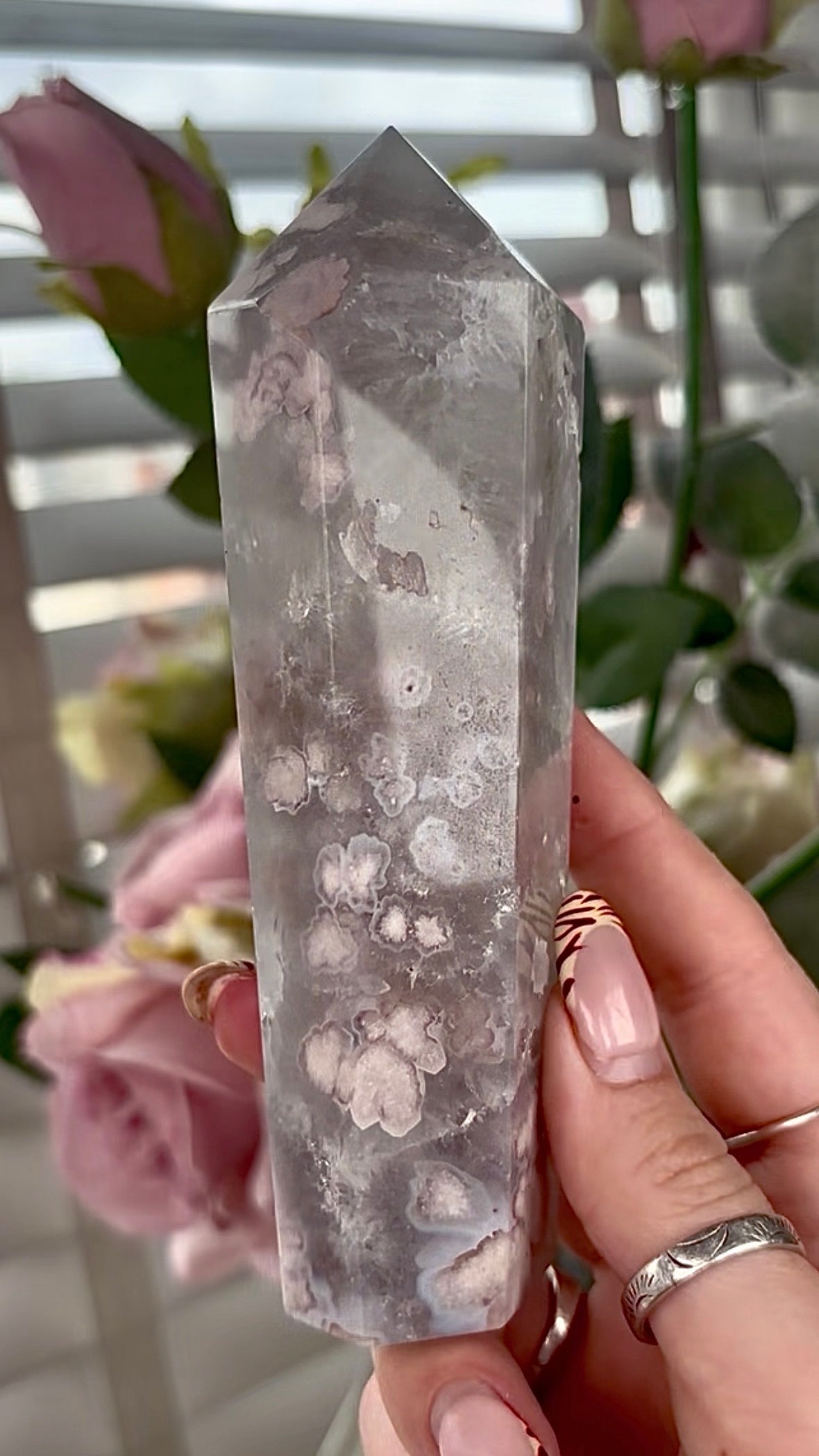 Stunning!! Super high quality, Druzy, green chlorite x blue flower agate tower