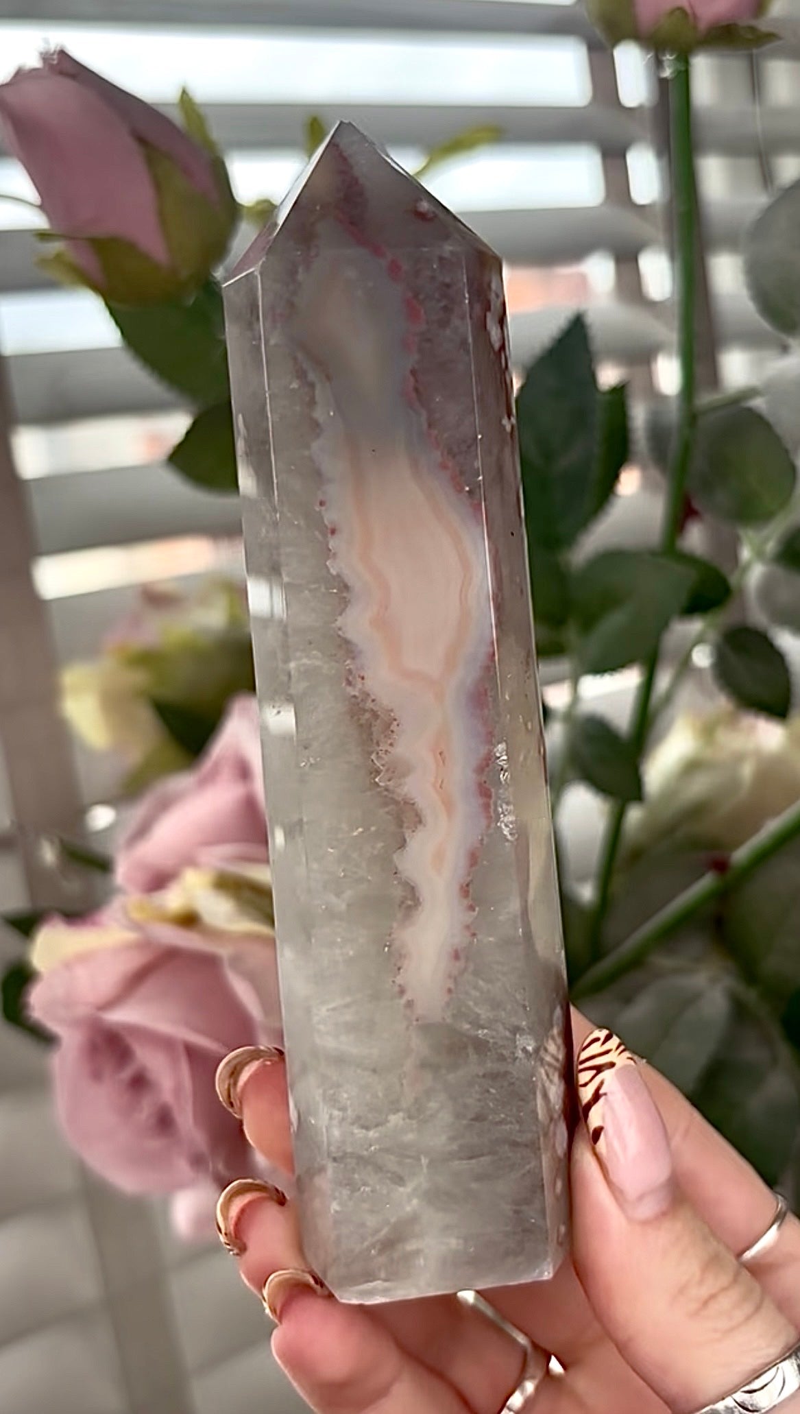 Stunning!! Super high quality, Druzy, green chlorite x blue flower agate tower
