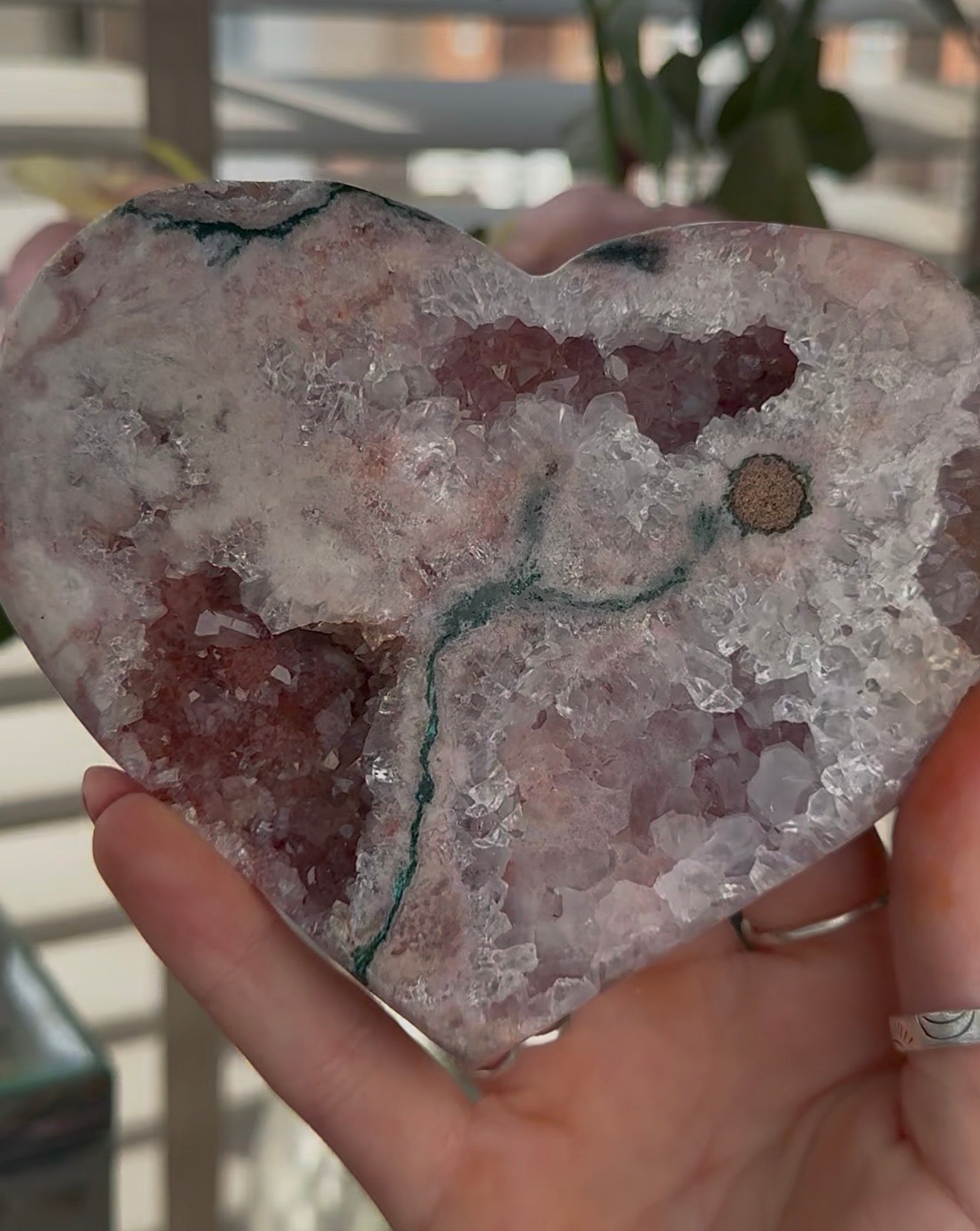 Hq pink amethyst heart with Jasper - comes with stand