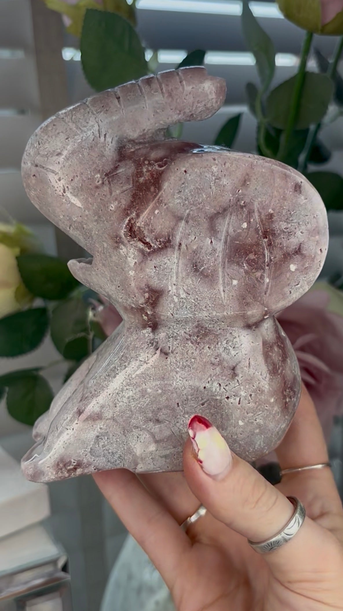 High grade, large, pink amethyst elephant carving