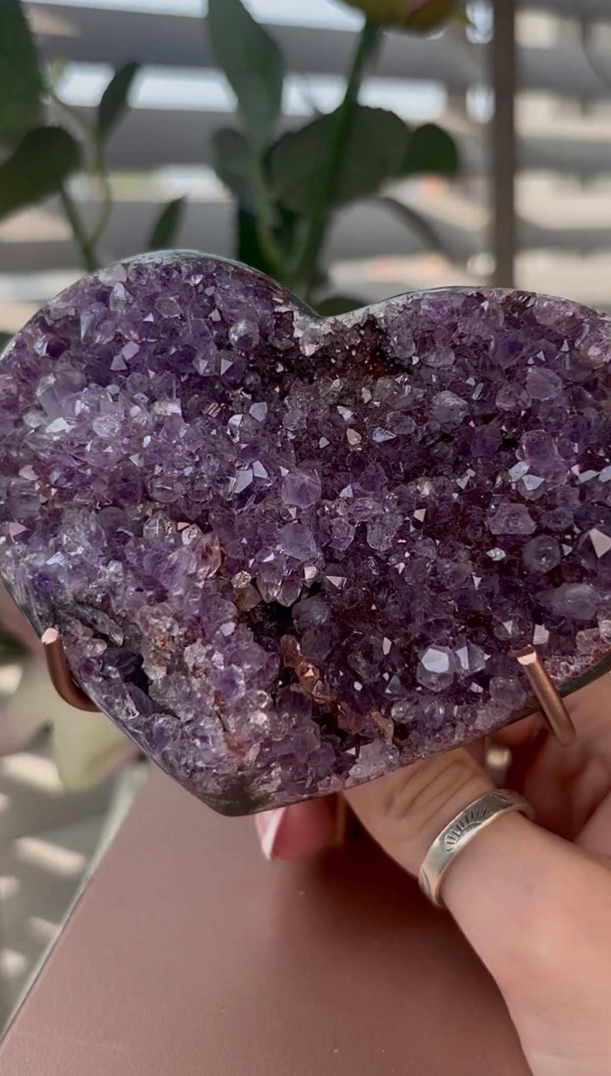 Gorgeous, high quality, pink amethyst heart with Jasper - comes with stand