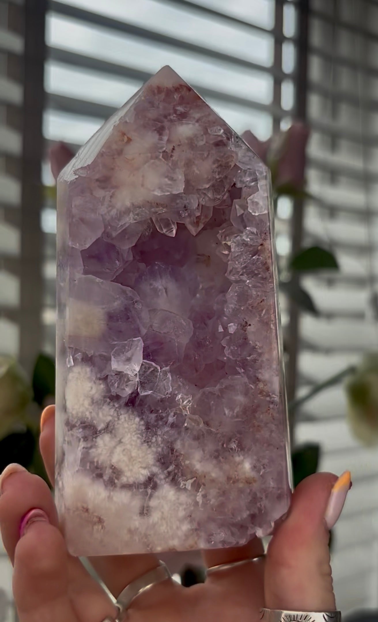 Beautiful, large, high quality, Pink amethyst tower with lilac tone quartz