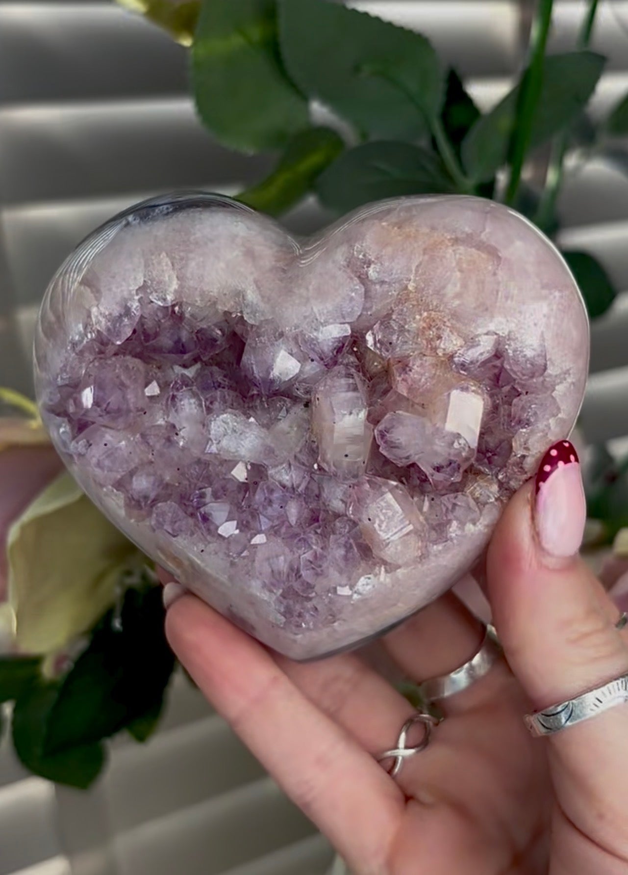 Gorgeous pink amethyst heart with agate and chunky bubble gum Druze  - comes with stand