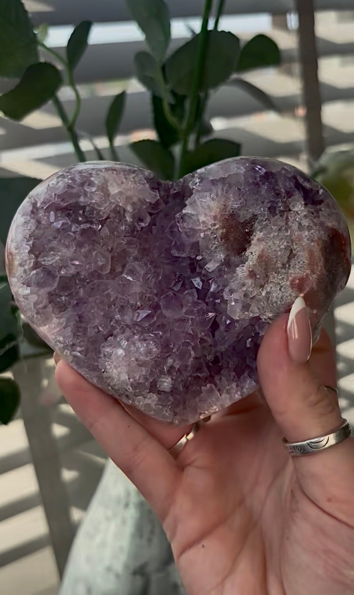 Gorgeous, high quality, pink amethyst heart with purple quartz - comes with stand