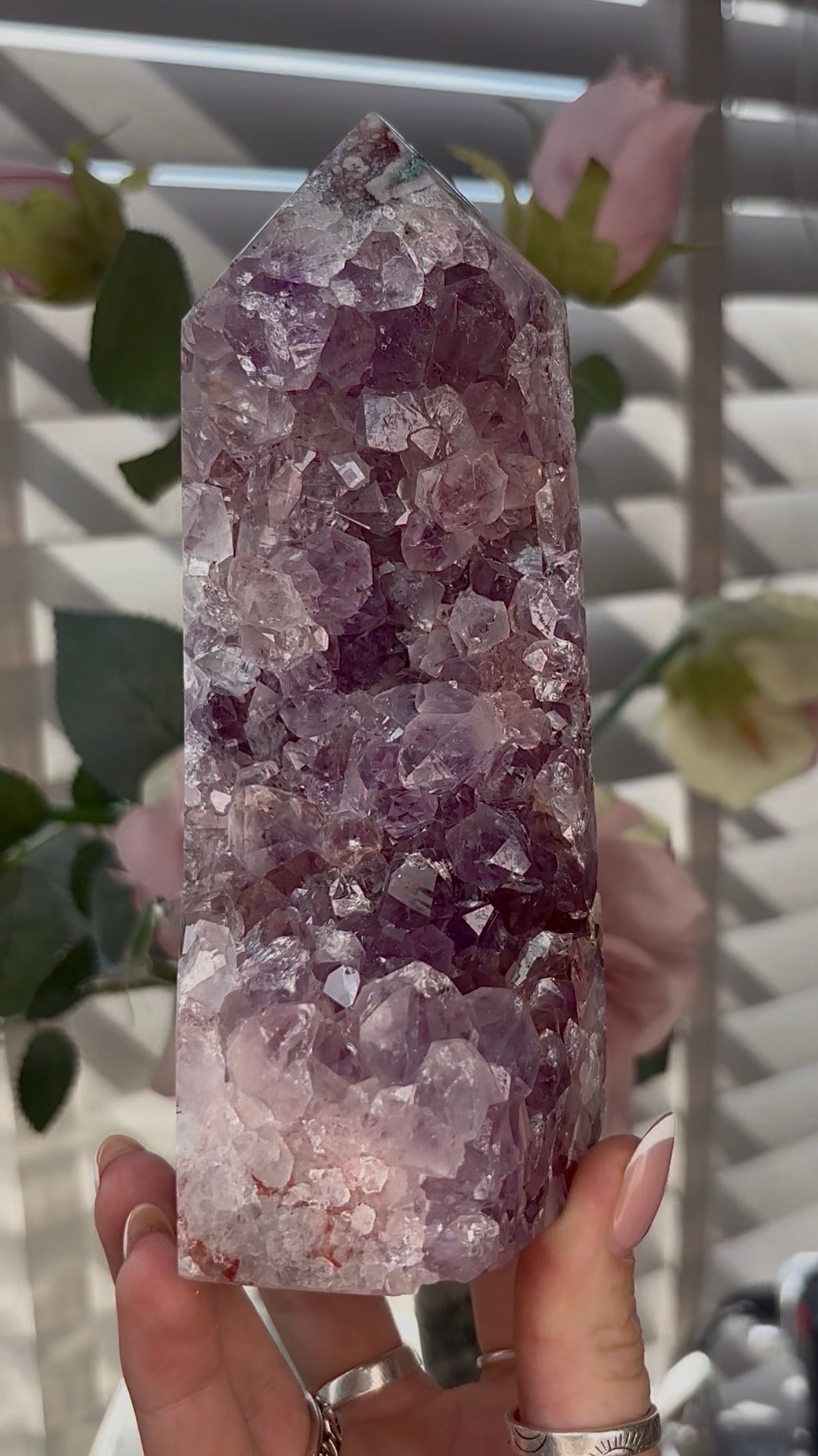Beautiful, Pink amethyst tower with purple quartz teeth 17cm(h) by 7cm(w)