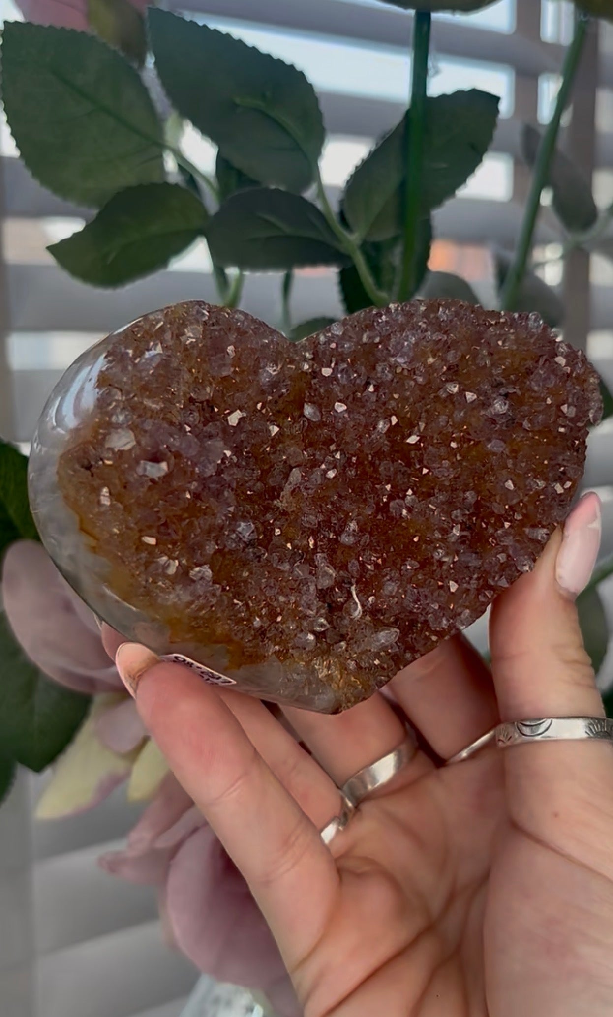 Uruguay, rainbow amethyst heart - comes with stand in orange/purple tones