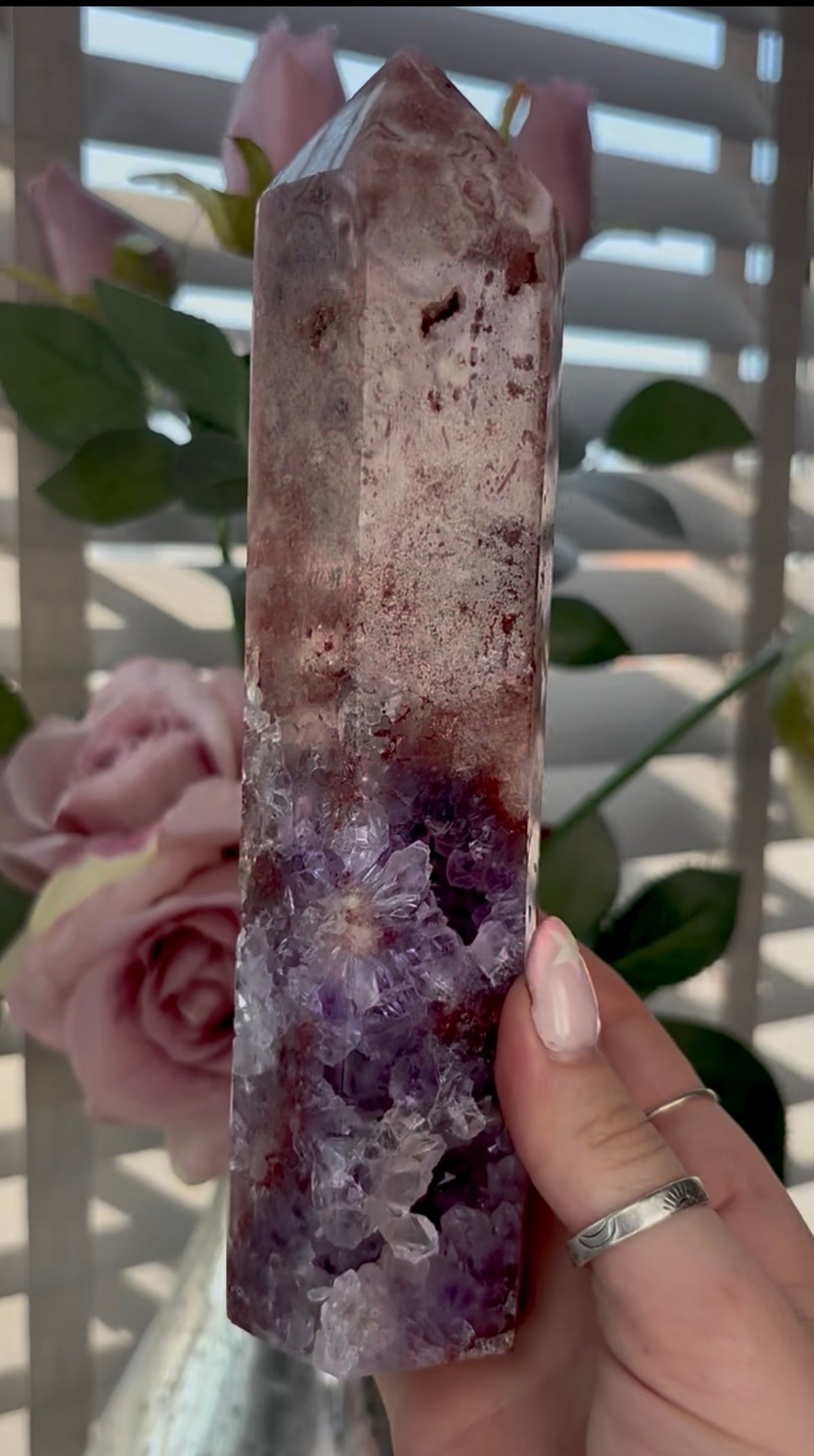 Beautiful, high quality, tall, Pink amethyst tower with purple quartz & red hematite - 20cm