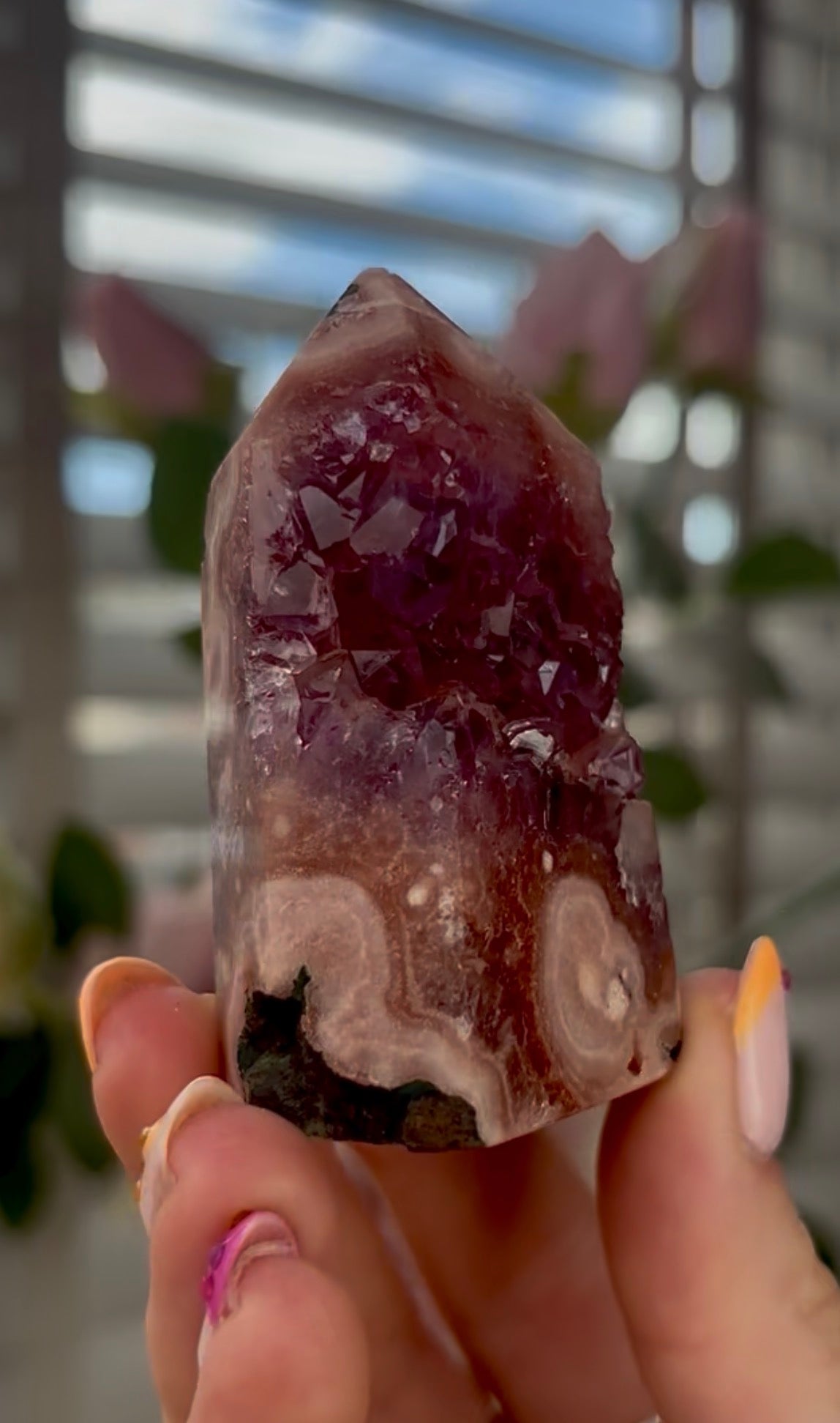Beautiful, high quality, Pink amethyst tower with purple druzy & green jasper 6.8cm by 4cm