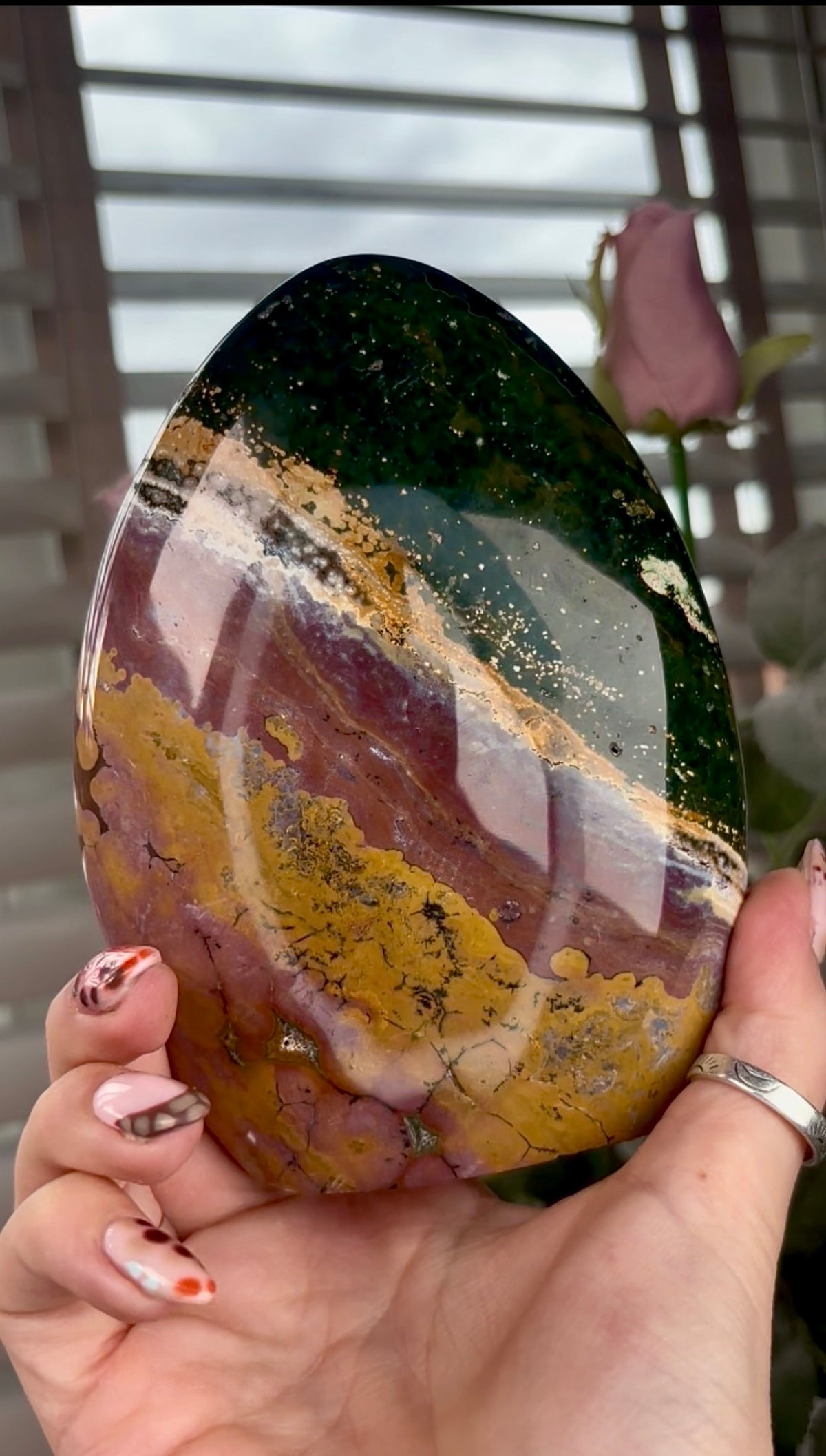 High quality, purple, mustard & green ocean jasper Freeform 13.5cm(h) 10cm(w)