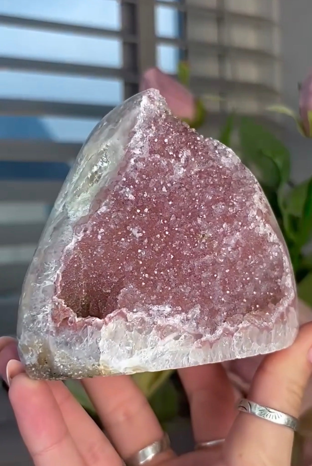 Pink Rainbow amethyst cutbase with a calcite base