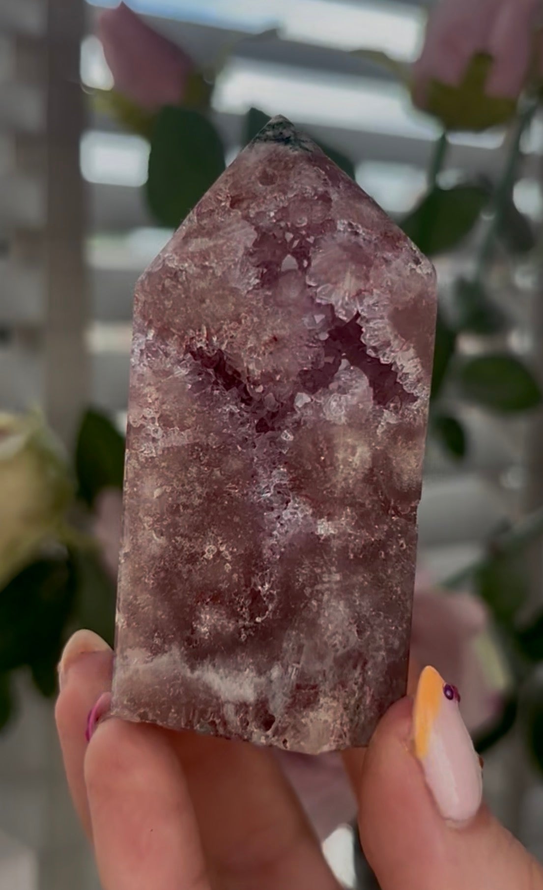Beautiful, Pink amethyst tower with quartz druzy