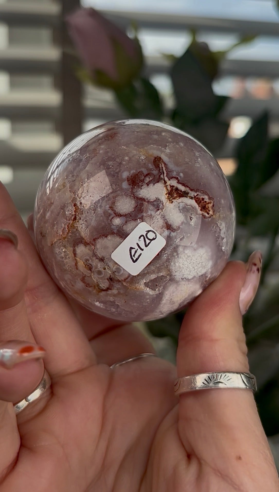 High grade, Pink amethyst Flower agate sphere with druzy quartz- 5.5cm