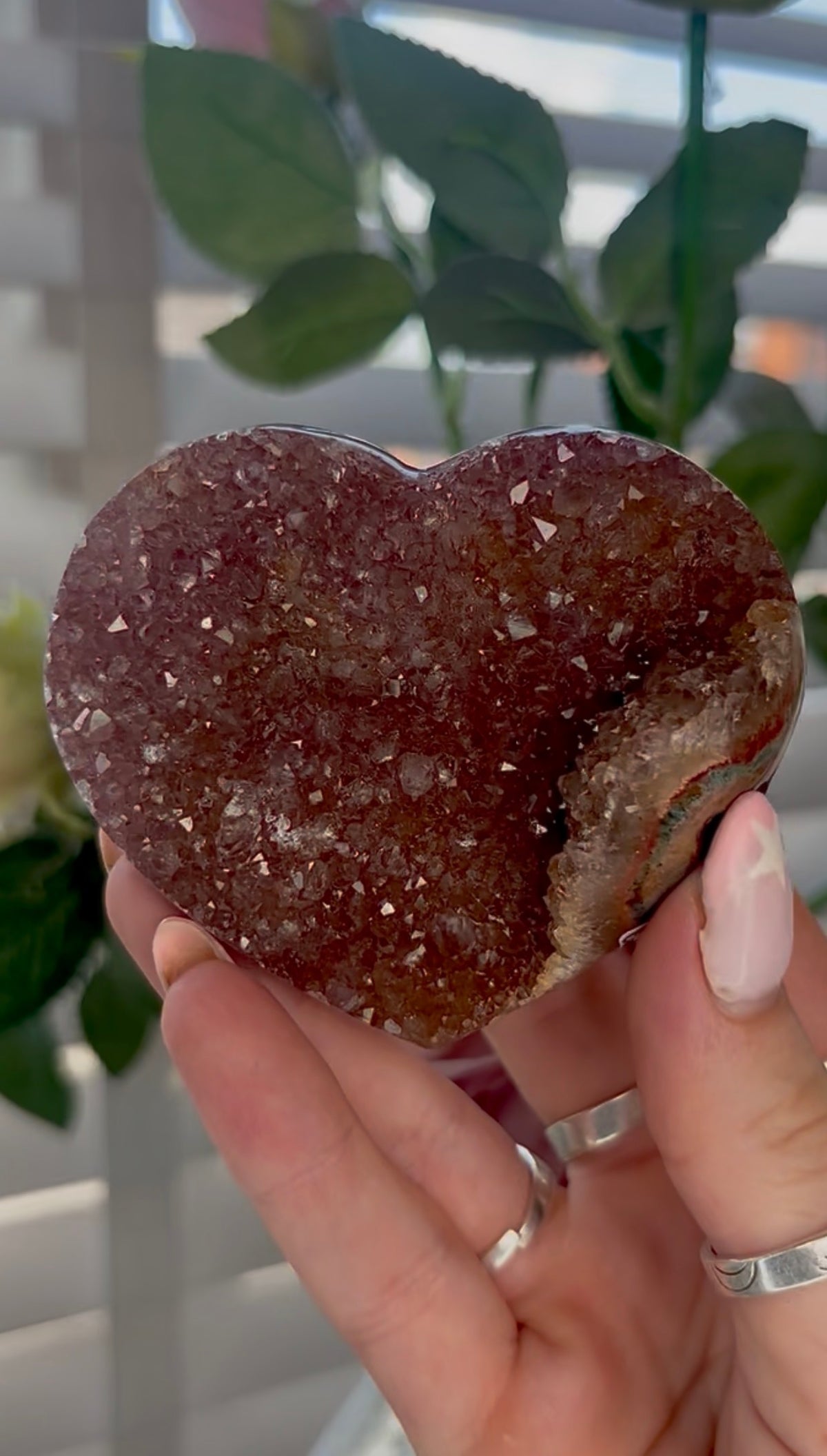 Uruguay, rainbow amethyst heart - comes with stand
