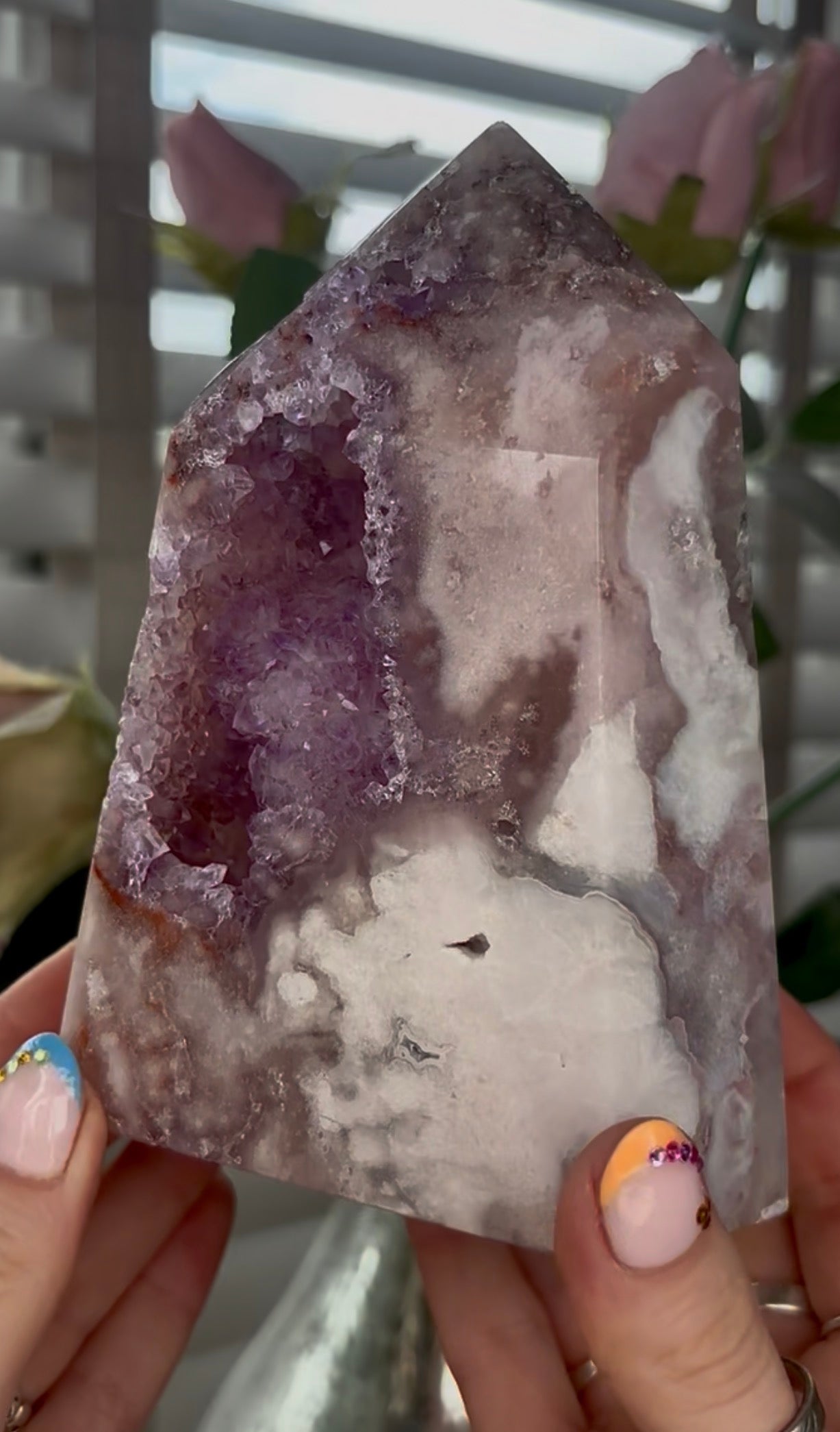 Huge, Beautiful, Pink amethyst tower with purple quartz druzy