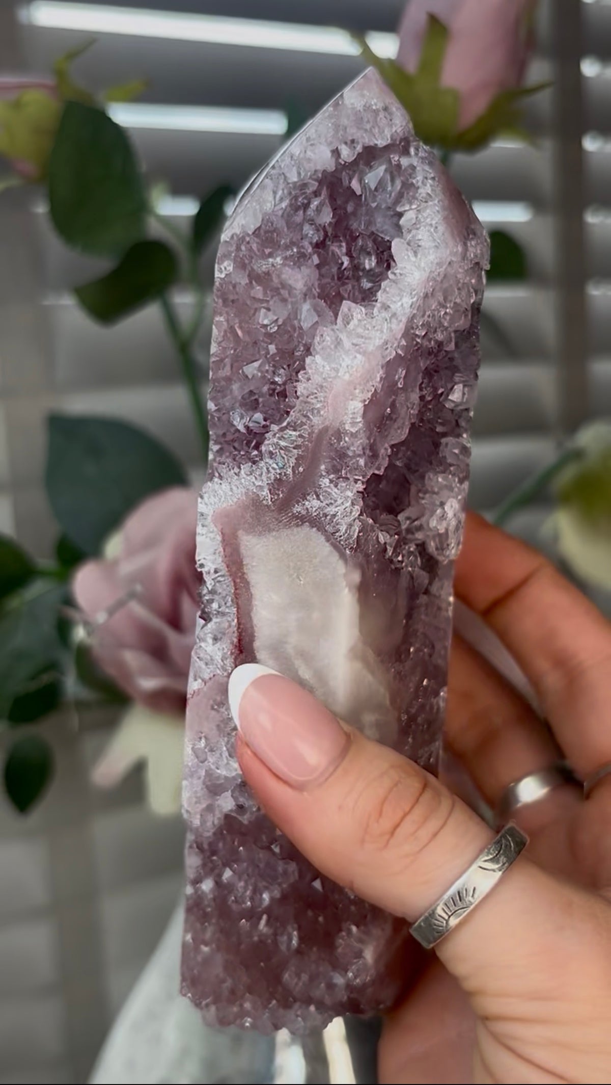Beautiful, high quality, Pink amethyst tower with lilac quartz 18cm(h) by 4.5cm(w)