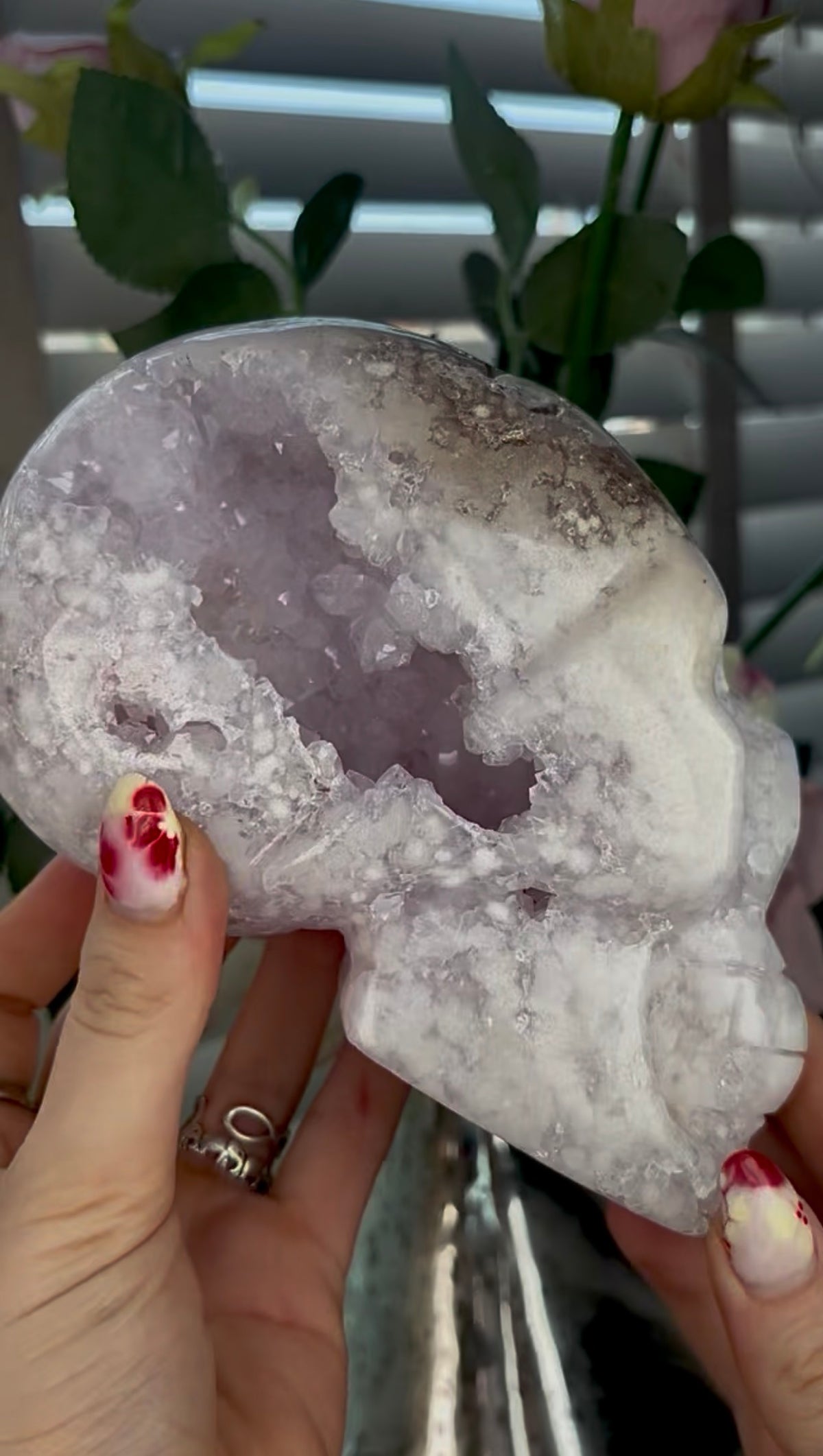 High grade, pink amethyst skull carving with chunky druzy