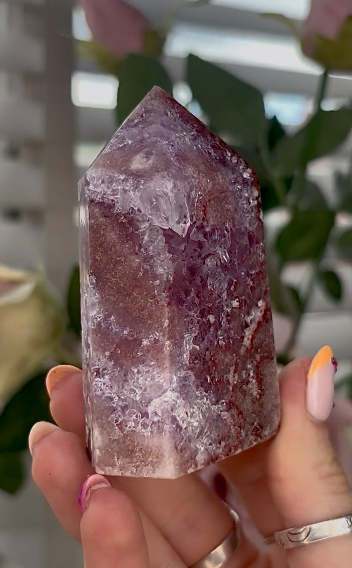 Pretty, high quality, Pink amethyst tower, with lilac quartz druzy