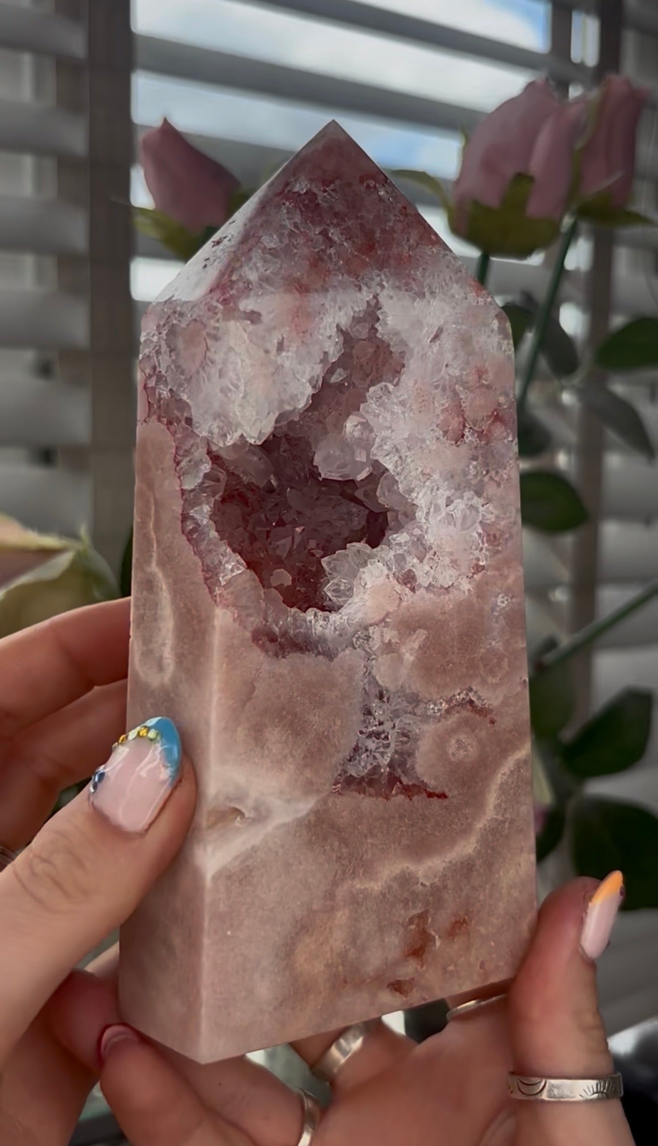 Pretty, large, high quality, Pink amethyst tower in a peach tone with quartz Druze