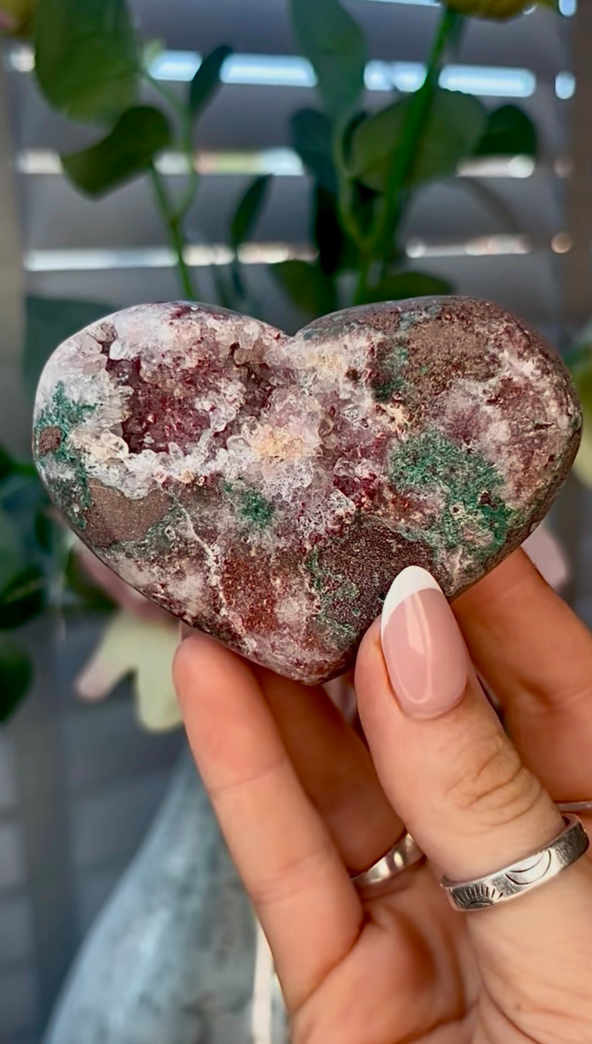 Gorgeous, pink amethyst heart with Jasper - comes with stand