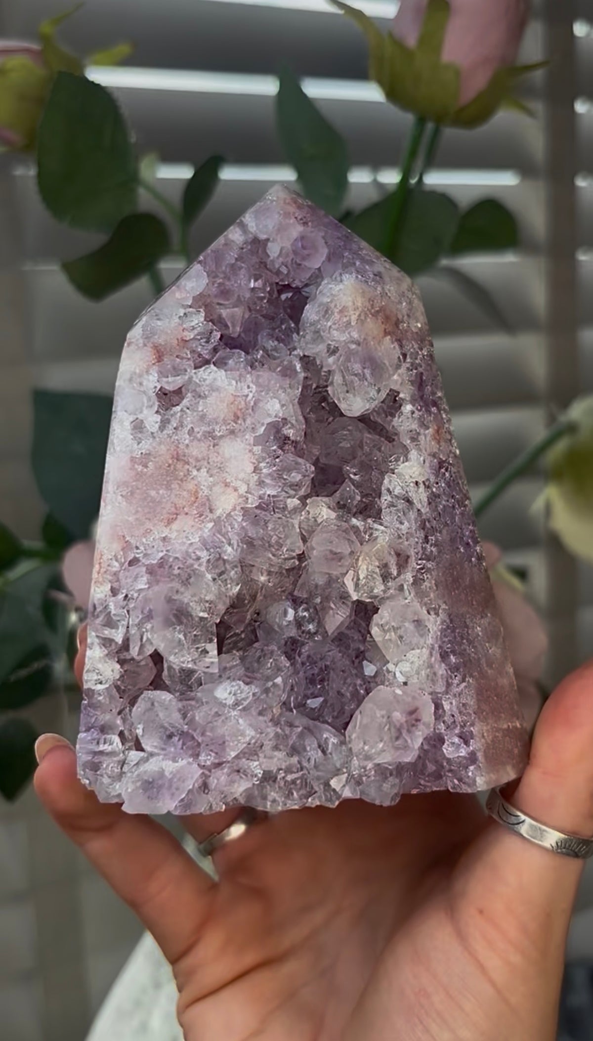 Beautiful, hq, druzy, chunky Pink amethyst tower 12cm(h) by 8.5cm(w)