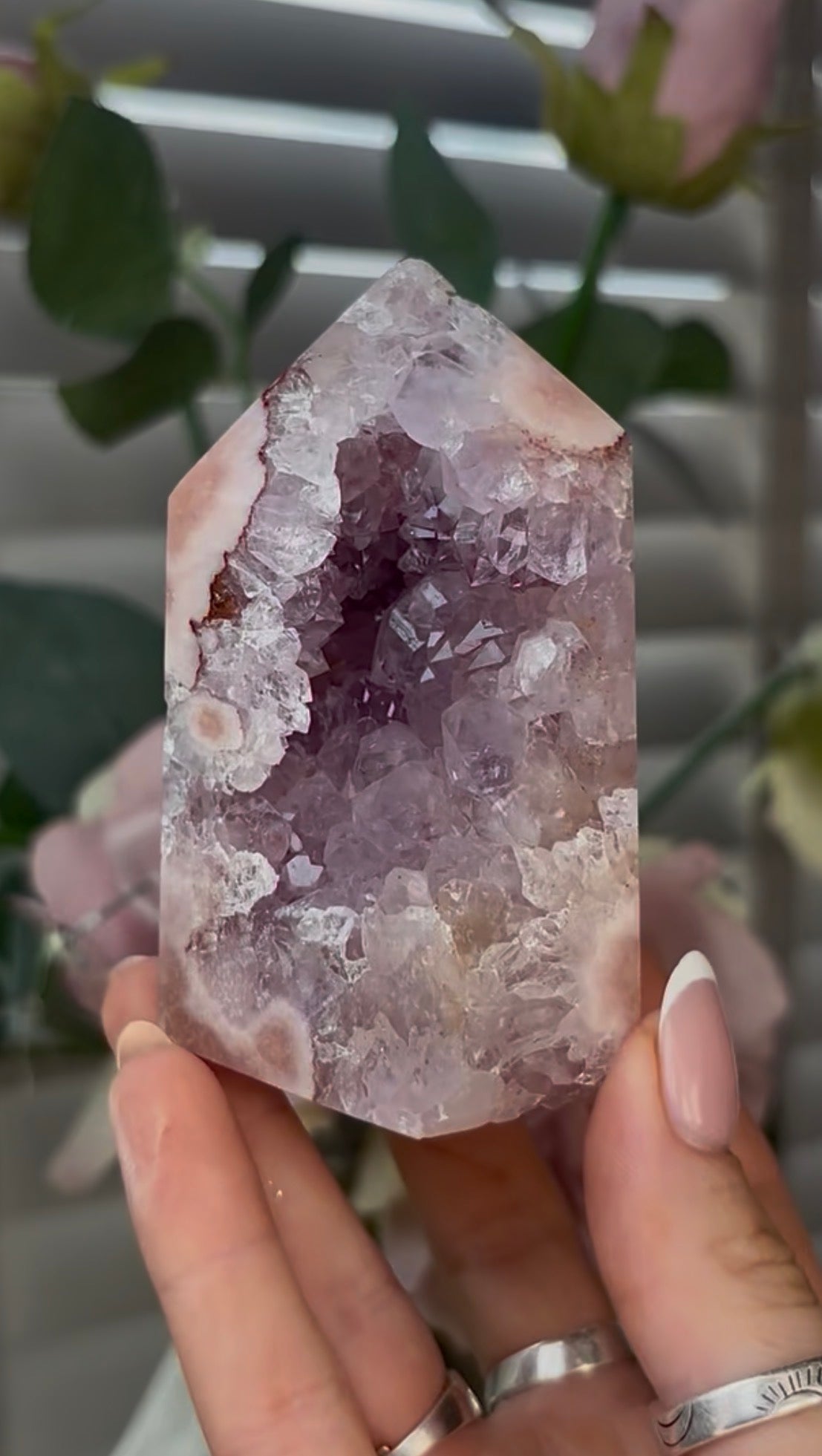 Beautiful, high quality, Pink amethyst tower with quartz 8.5cm(h) by 5.5cm(w)