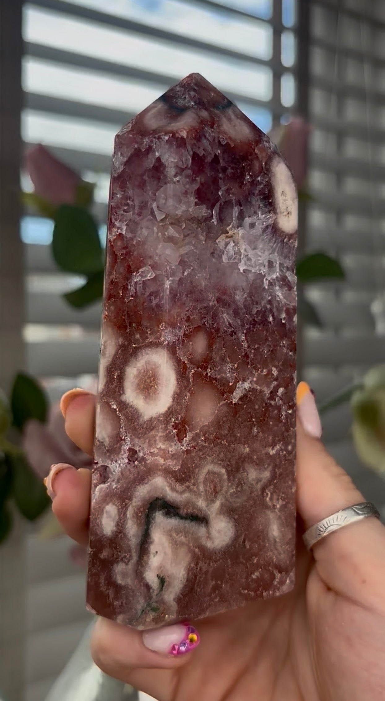 Beautiful, high quality, Pink amethyst tower with Green jasper
