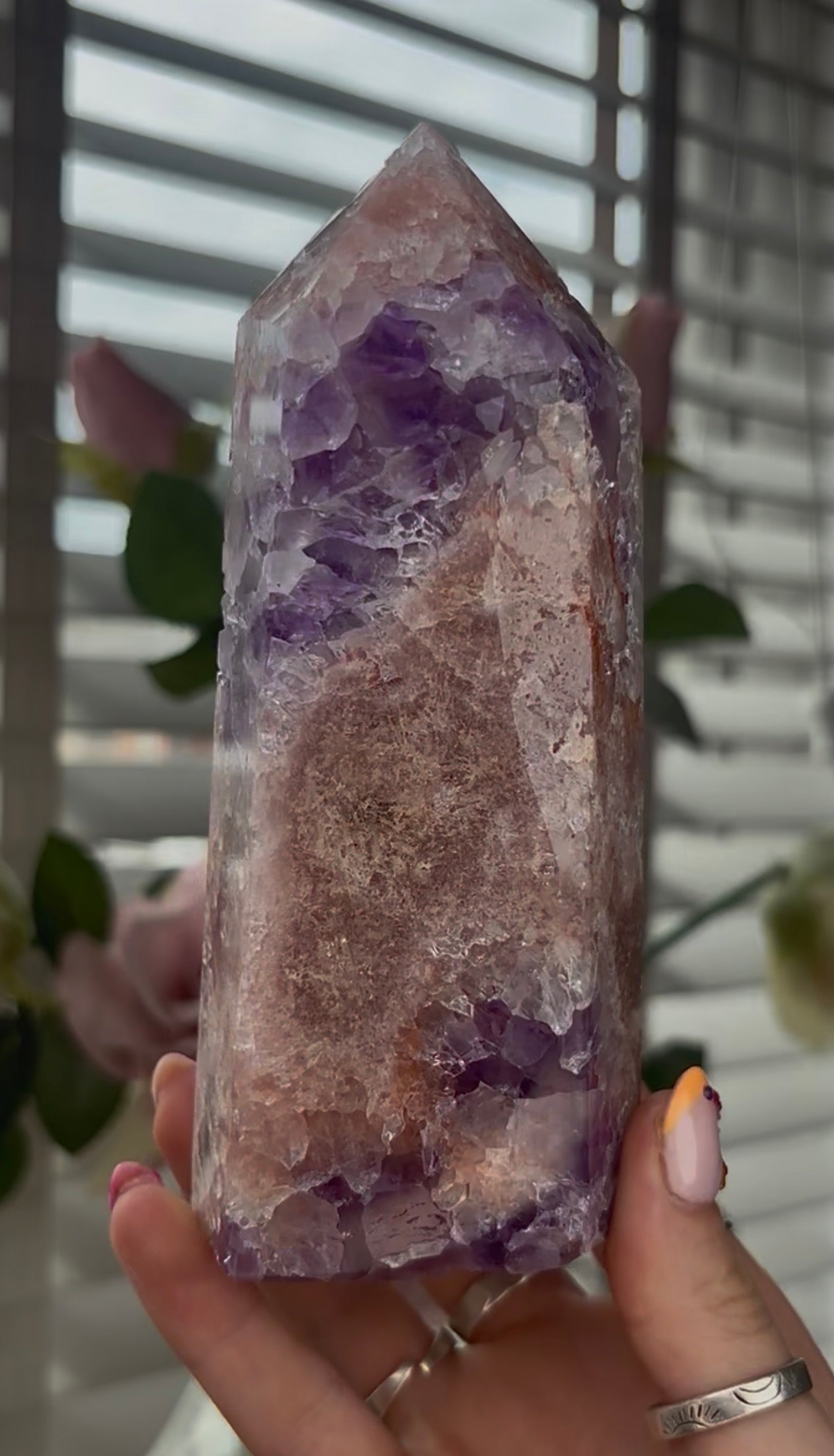 Beautiful, large, high quality, Pink amethyst tower with purple quartz