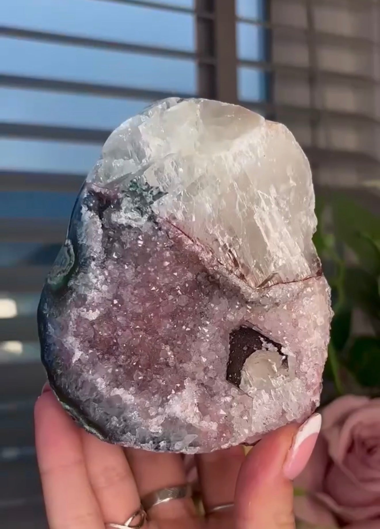 High quality, lavender, pink toned, double cave rainbow amethyst, cutbase with calcite