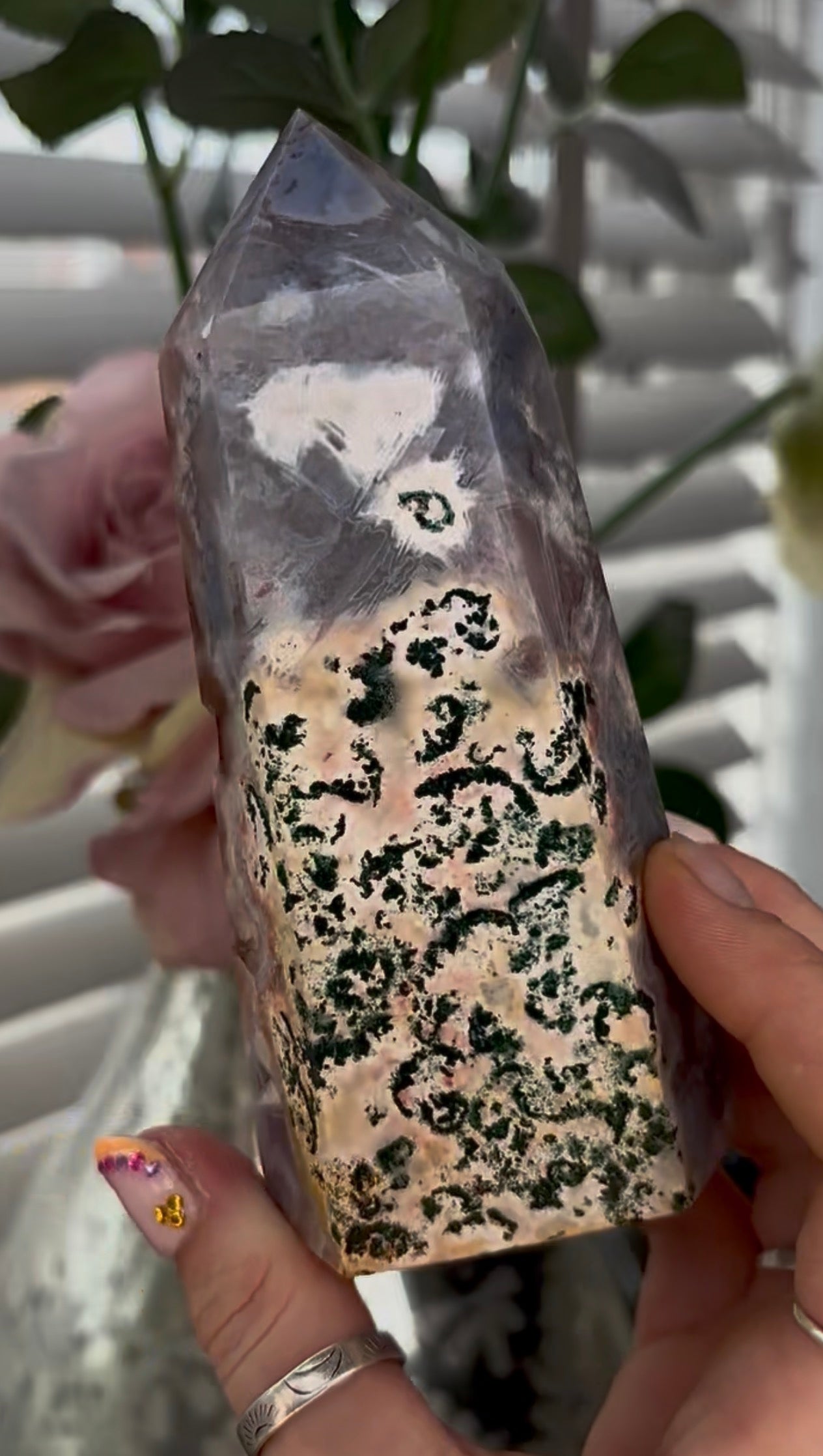 Beautiful, large, high quality, Pink amethyst tower with burnt orange/red druzy