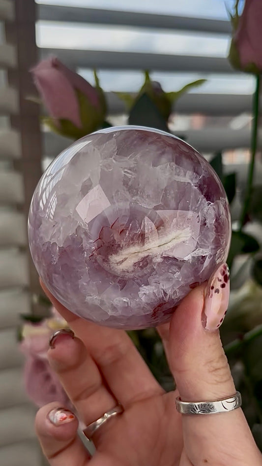 High grade, amethyst Flower agate sphere with high clarity quartz
