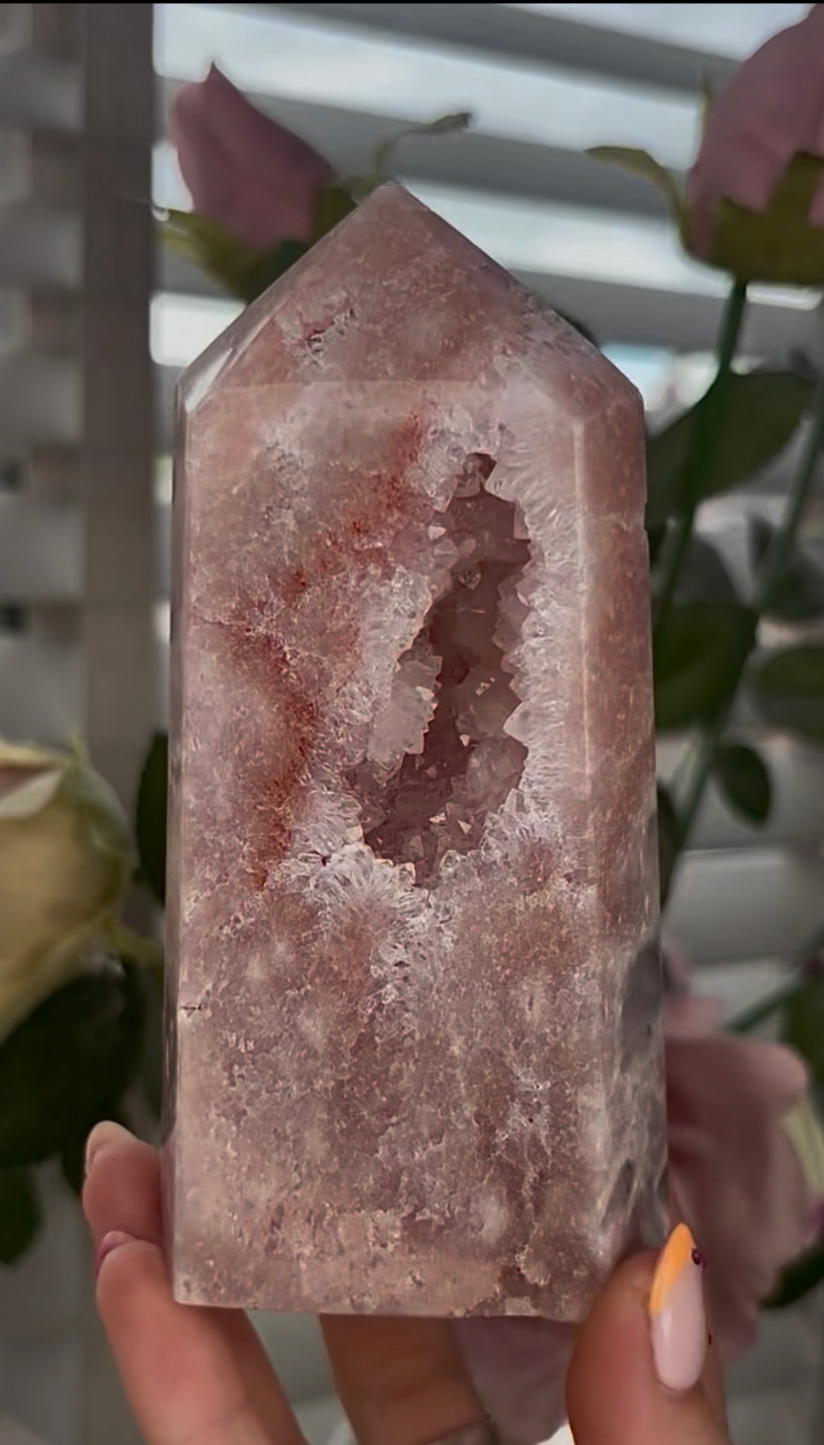 Pretty, Pink amethyst tower, with quartz druzy