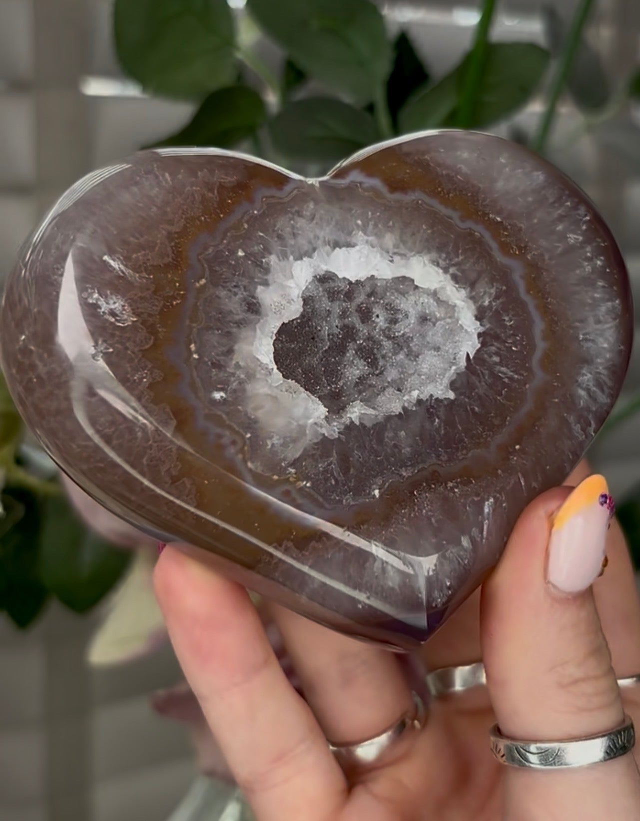 Beautiful, high grade, agate heart with druzy - comes with stand
