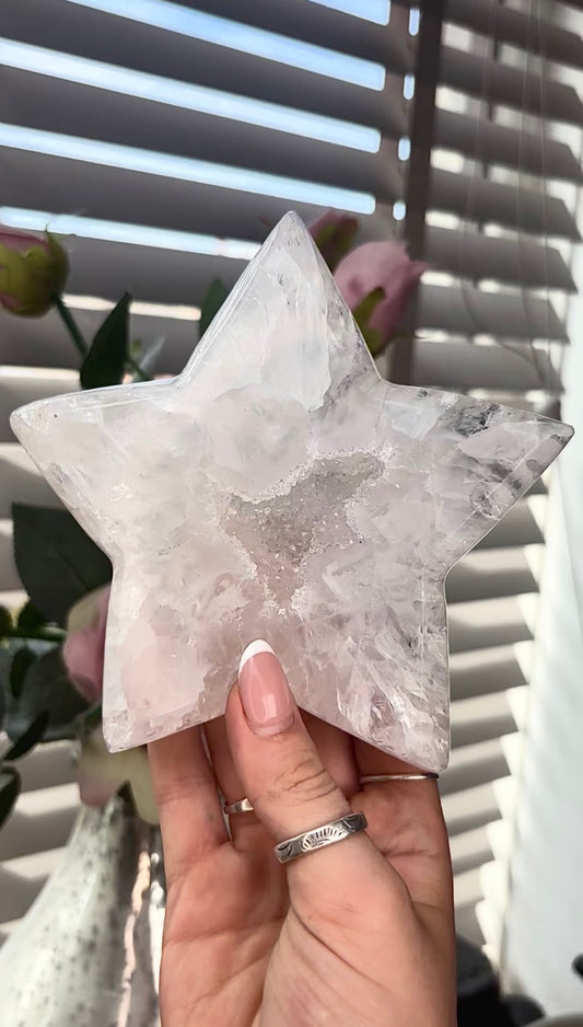 Beautiful, large, high grade, agate star with druzy and rainbows - comes with stand