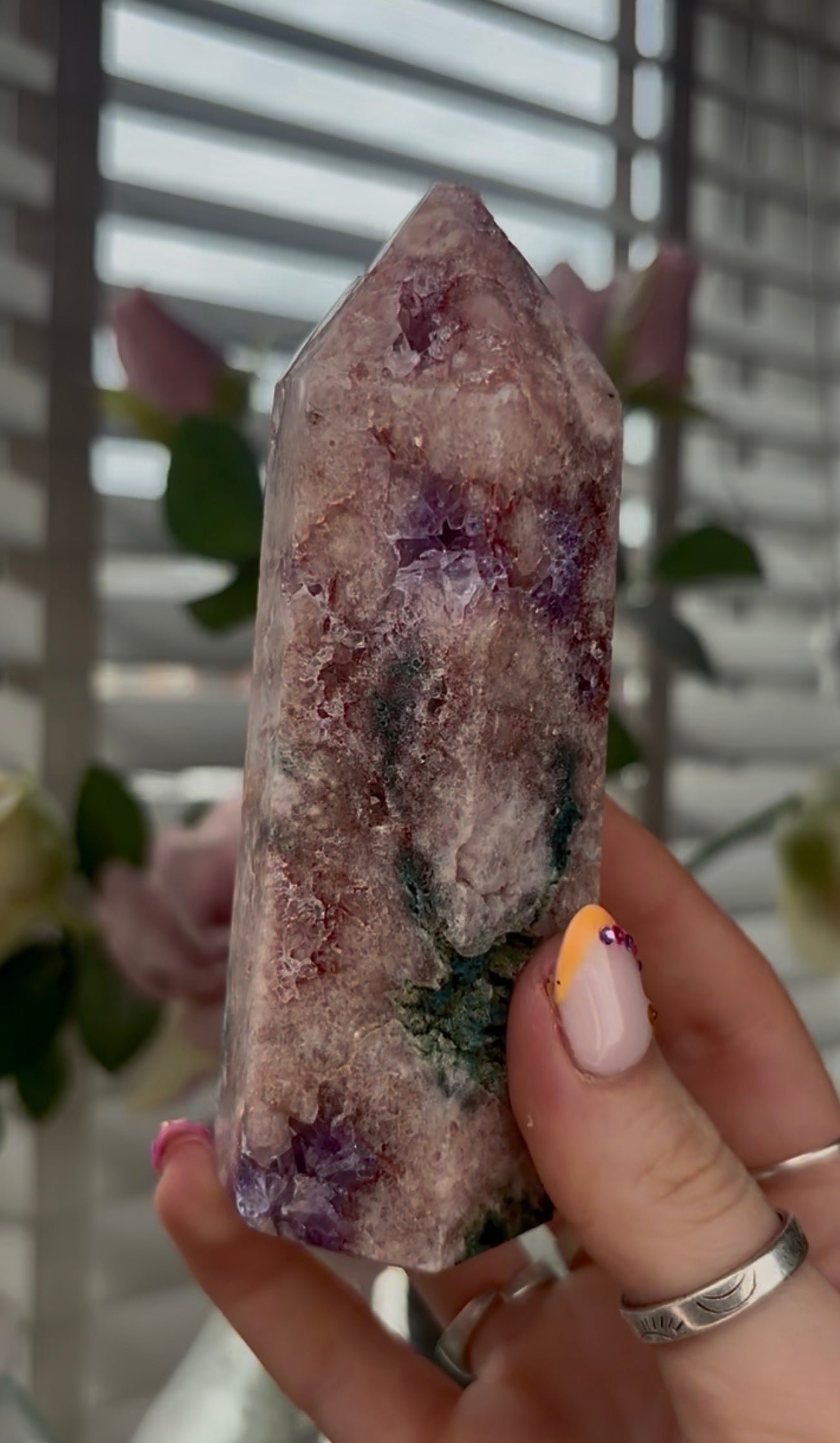High quality, Pink amethyst tower, with purple quartz druzy