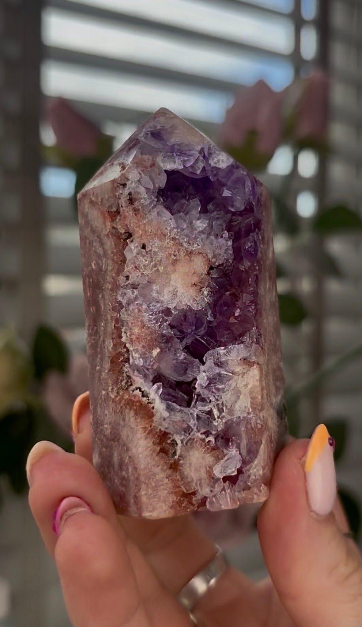 Beautiful, high quality, Pink amethyst tower with purple quartz