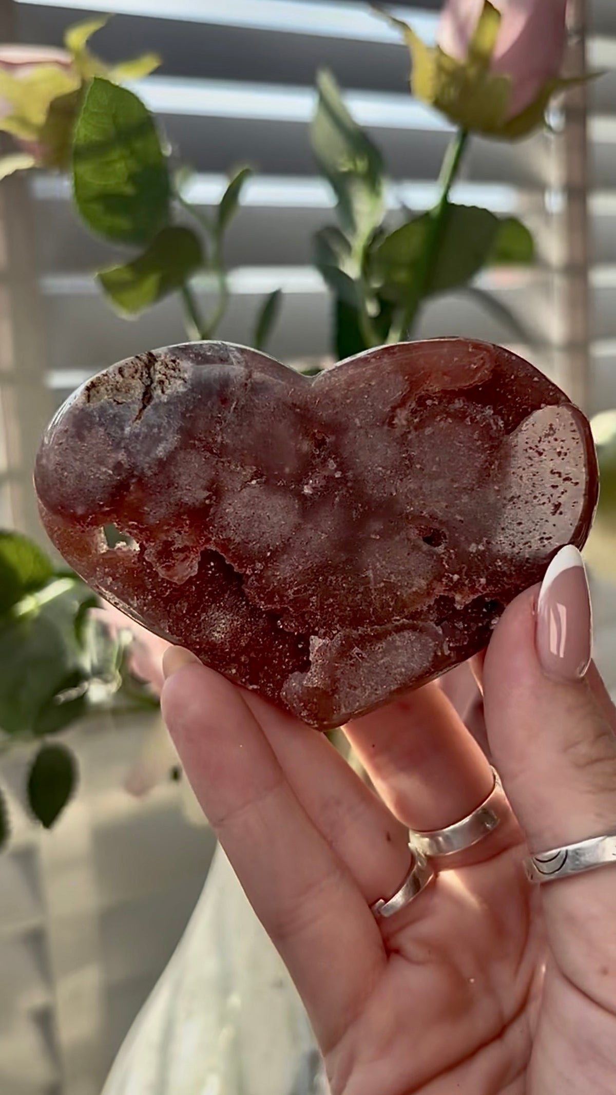 Gorgeous, high quality, berry red pink amethyst heart- comes with stand